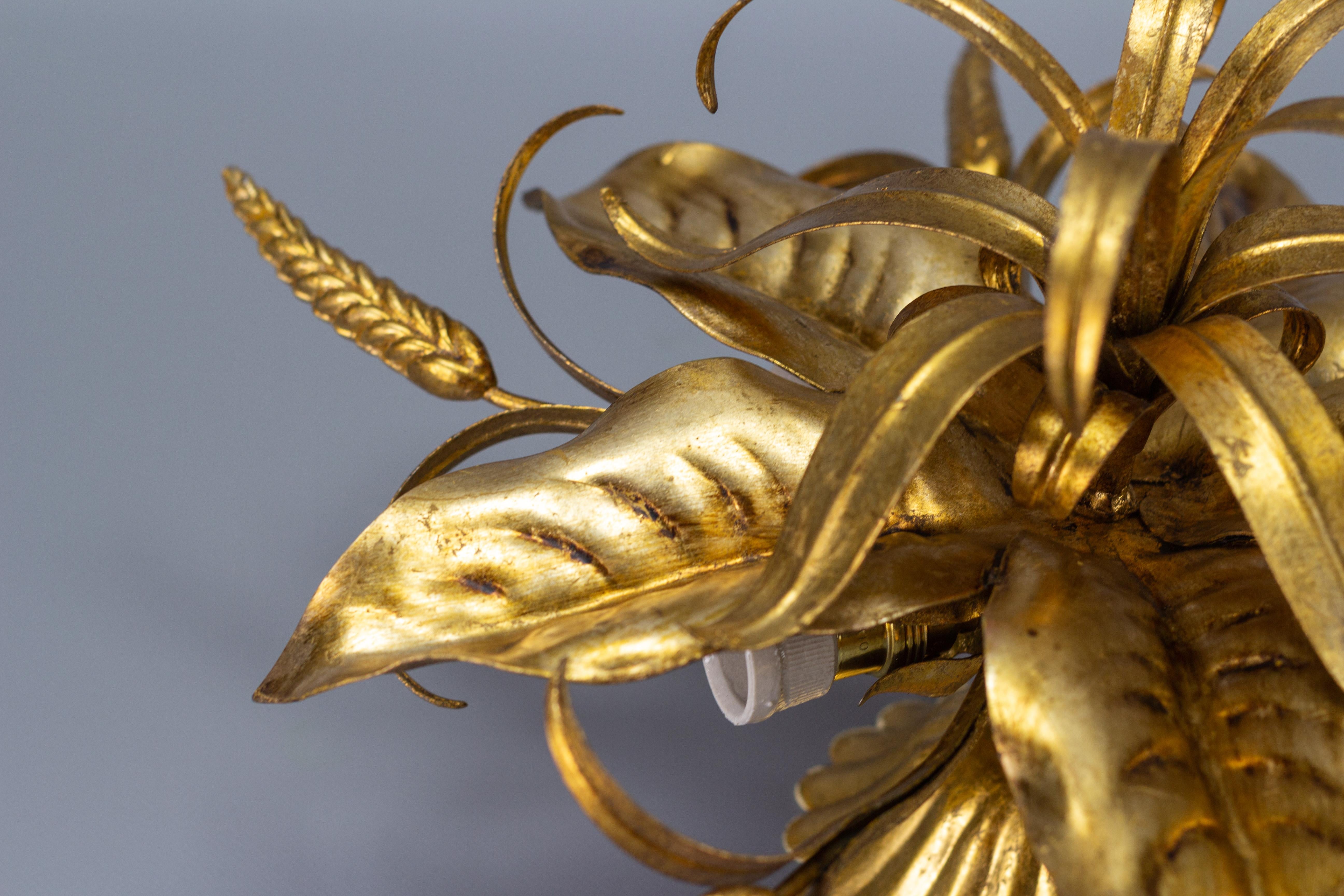 Gilt Metal Flower Shaped Ceiling Light with Wheat Ears by Hans Kögl, 1970s In Good Condition In Barntrup, DE
