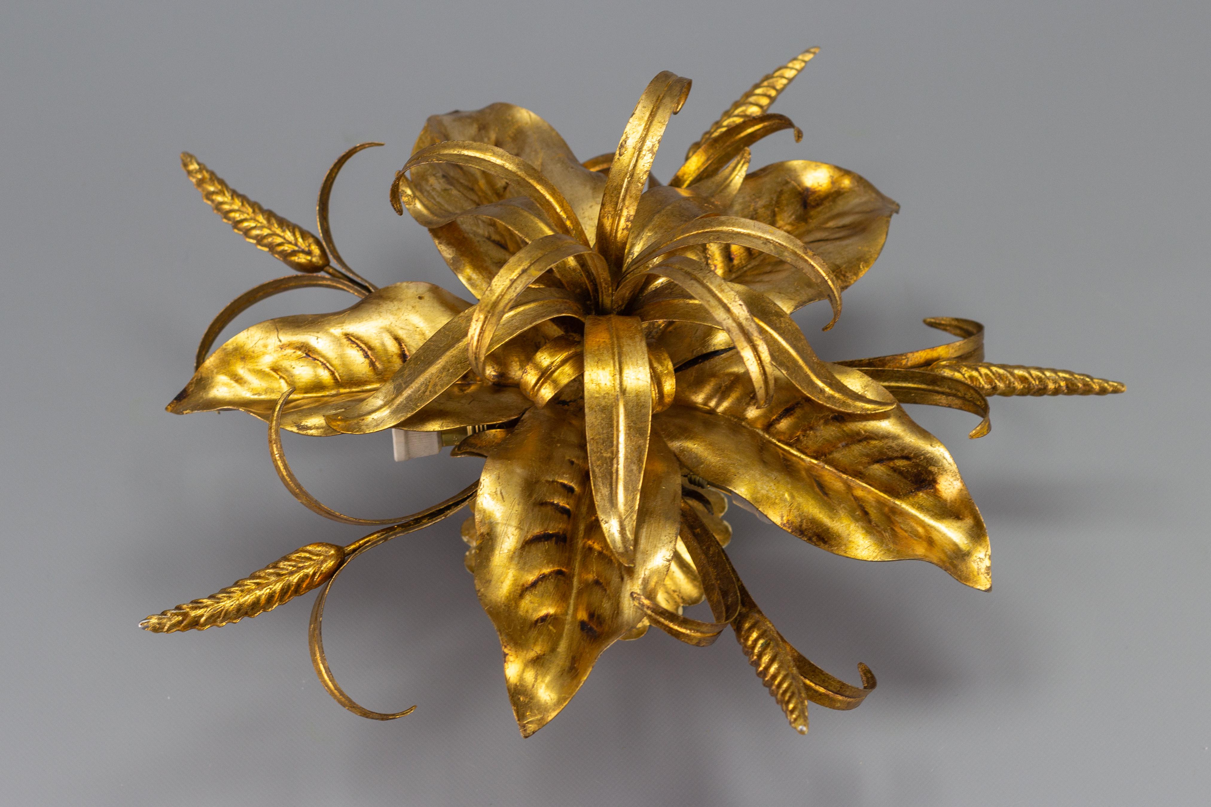 Late 20th Century Gilt Metal Flower Shaped Ceiling Light with Wheat Ears by Hans Kögl, 1970s