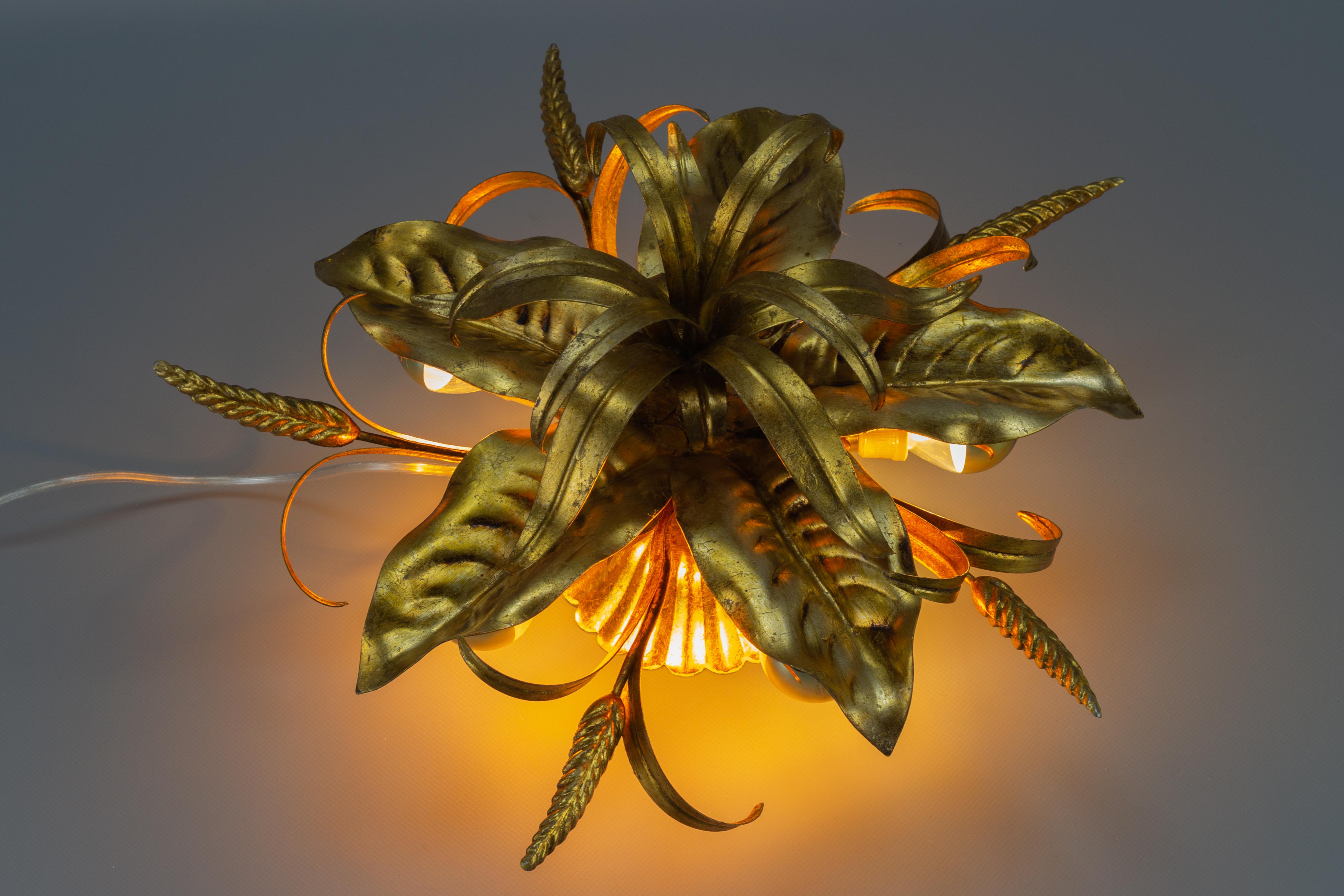 Gilt Metal Flower Shaped Ceiling Light with Wheat Ears by Hans Kögl, 1970s 1