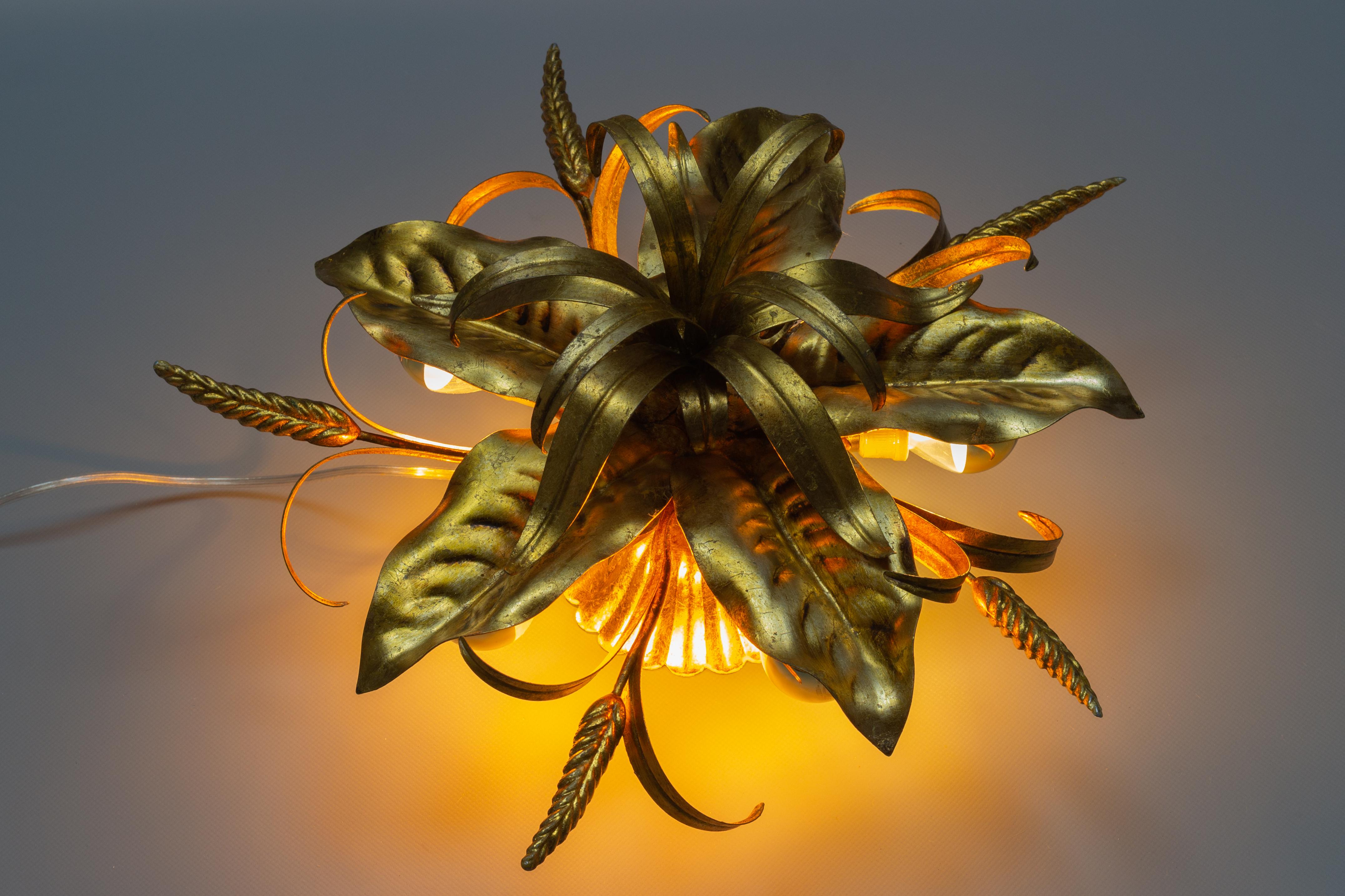 Gilt Metal Flower Shaped Ceiling Light with Wheat Ears by Hans Kögl, 1970s 2