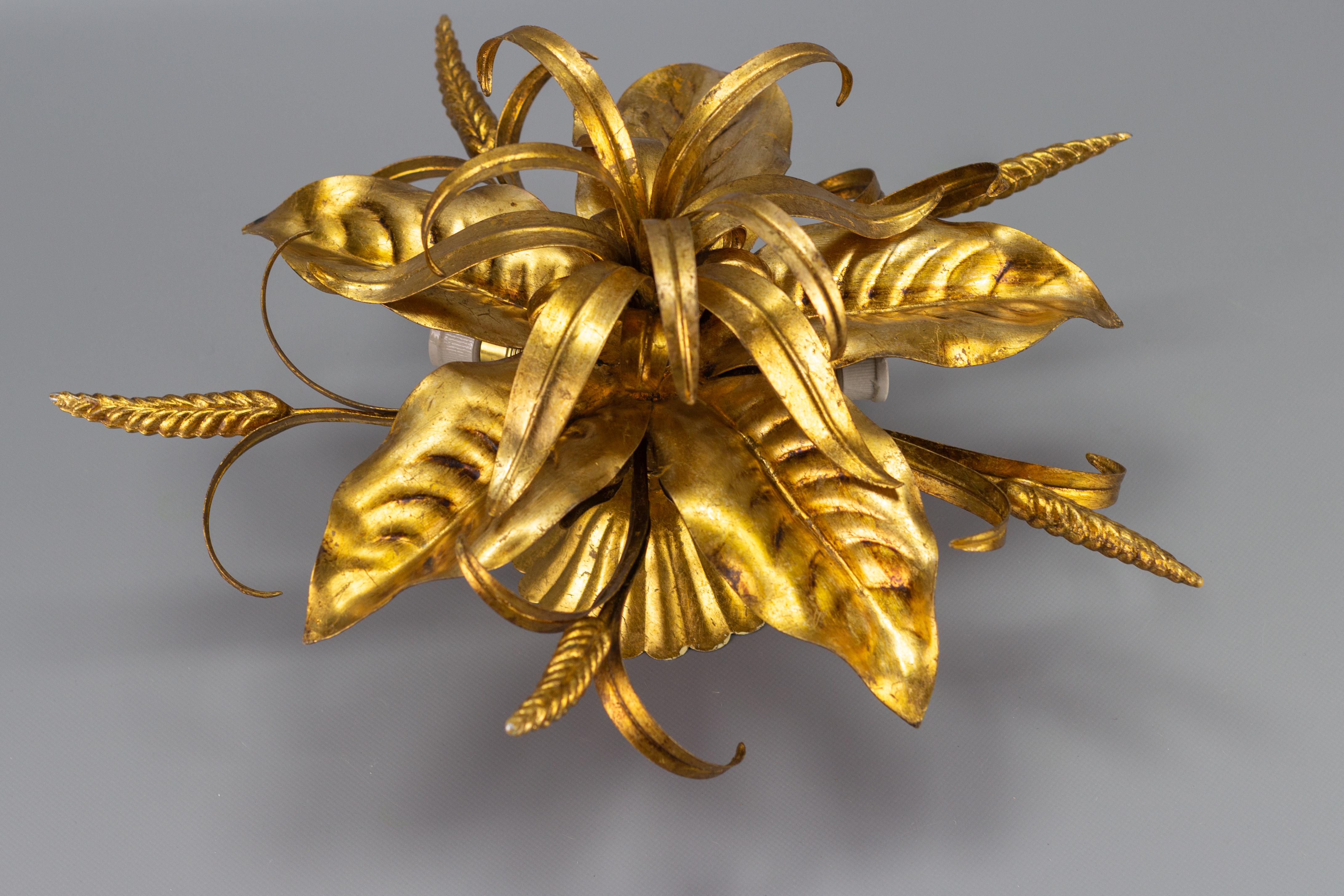 Gilt Metal Flower Shaped Ceiling Light with Wheat Ears by Hans Kögl, 1970s 3