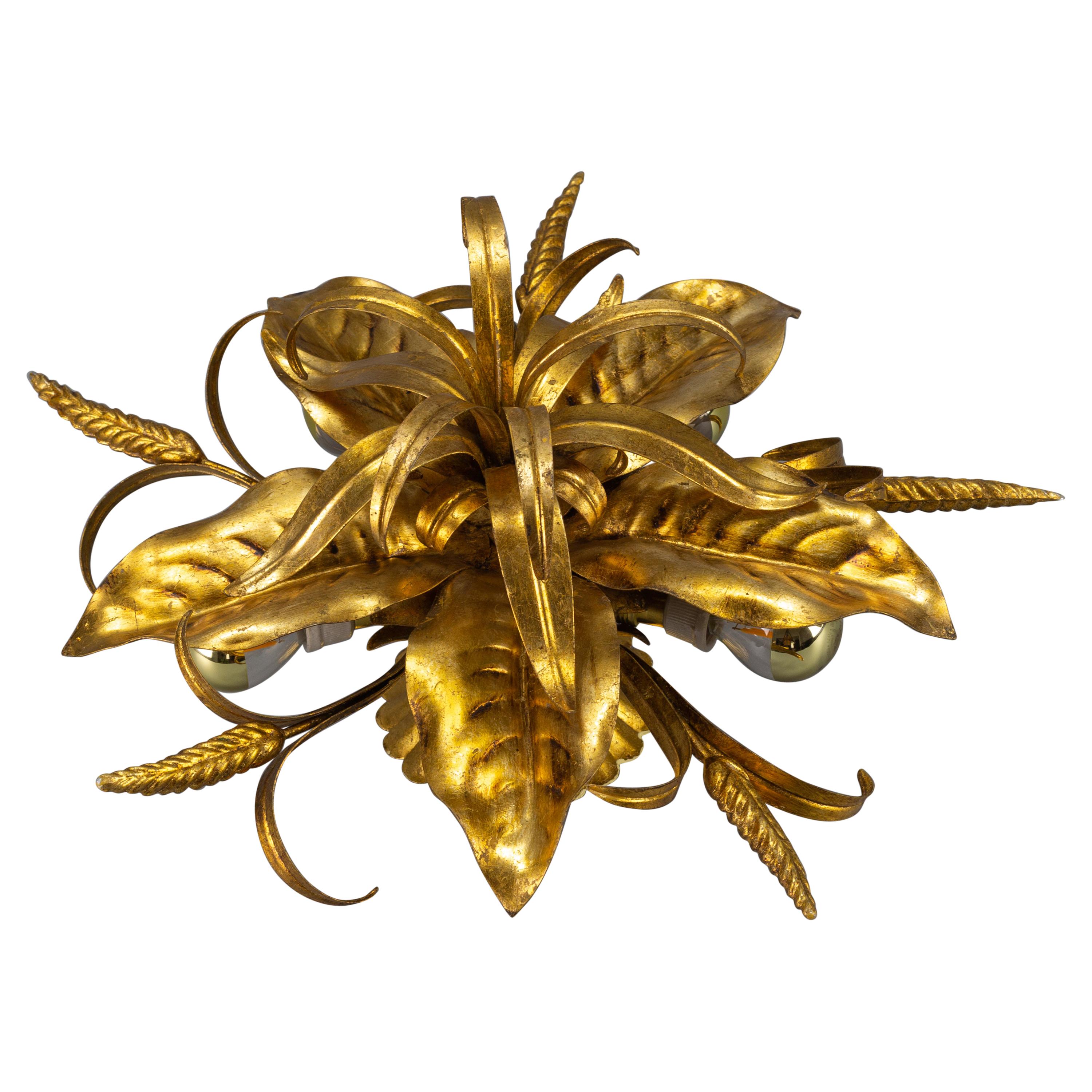 German Gilt Metal Flower Shaped Flush Mount with Wheat Ears by Hans Kögl, 1970s