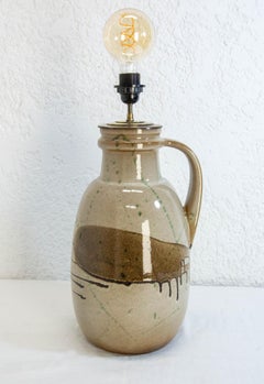 German Glazed Terracotta & Brass Table Lamp with Handle circa 1970