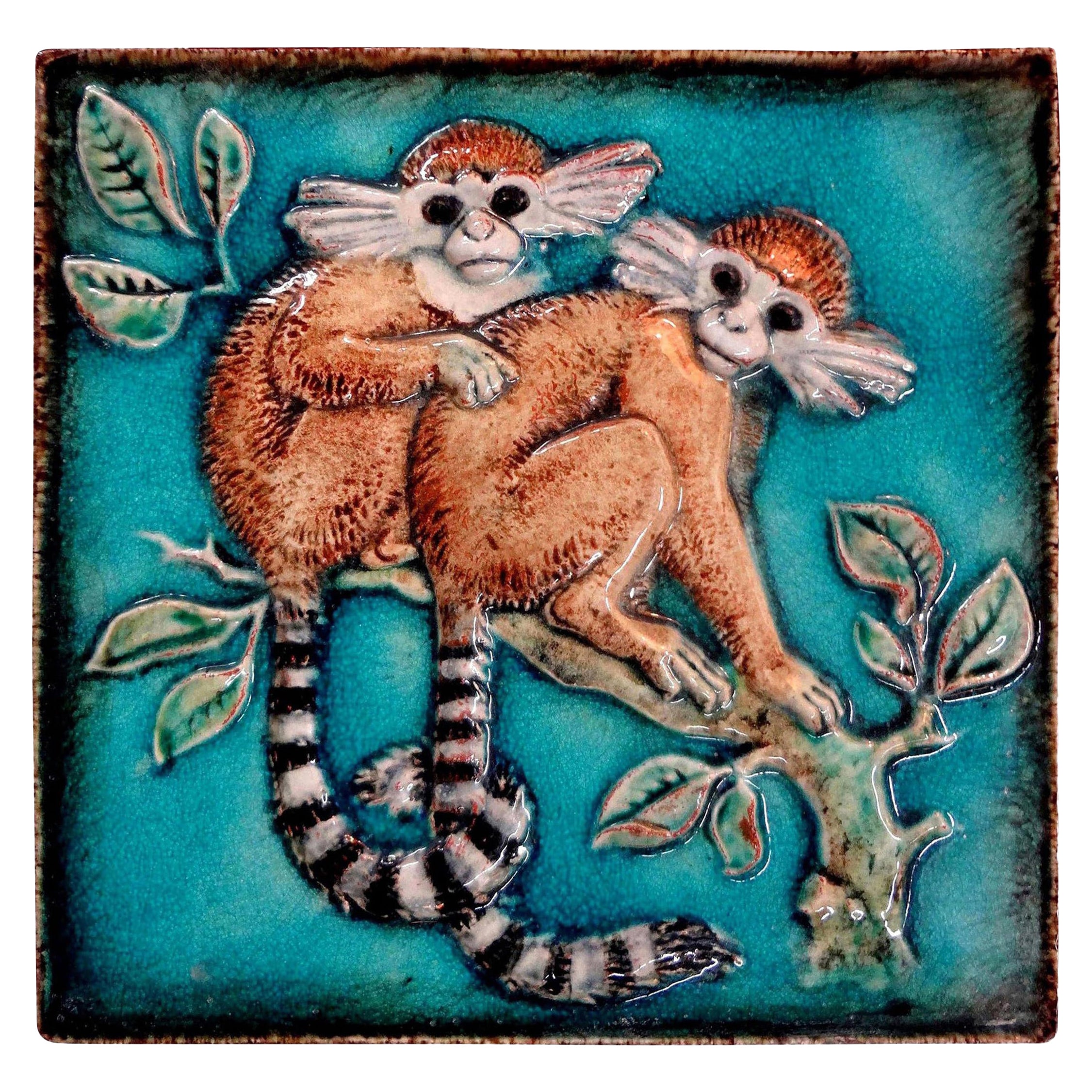 German Glazed Terracotta Monkey Tile by Karlshrue