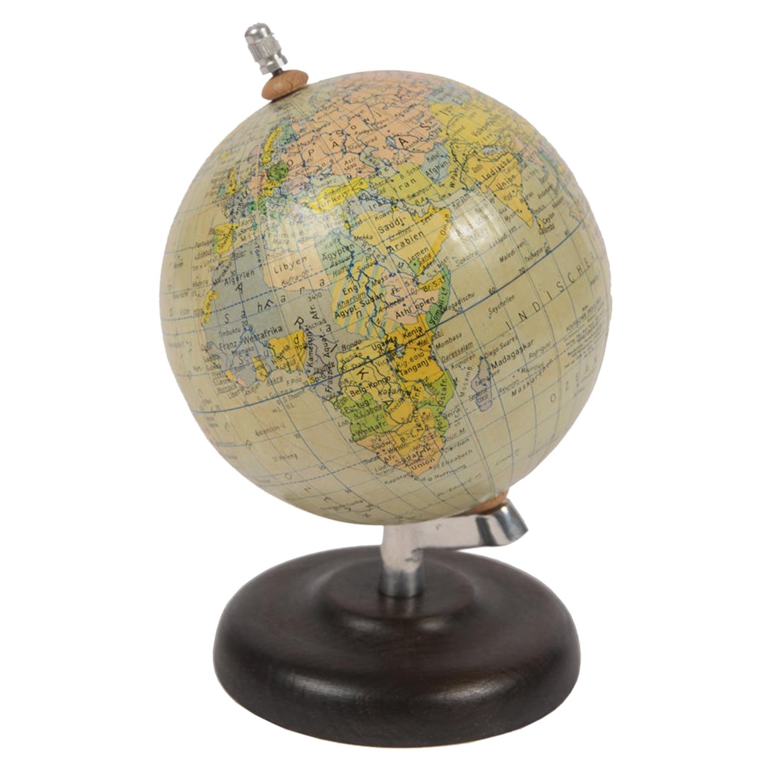 German Globe Made in the 1950s with Wooden Base