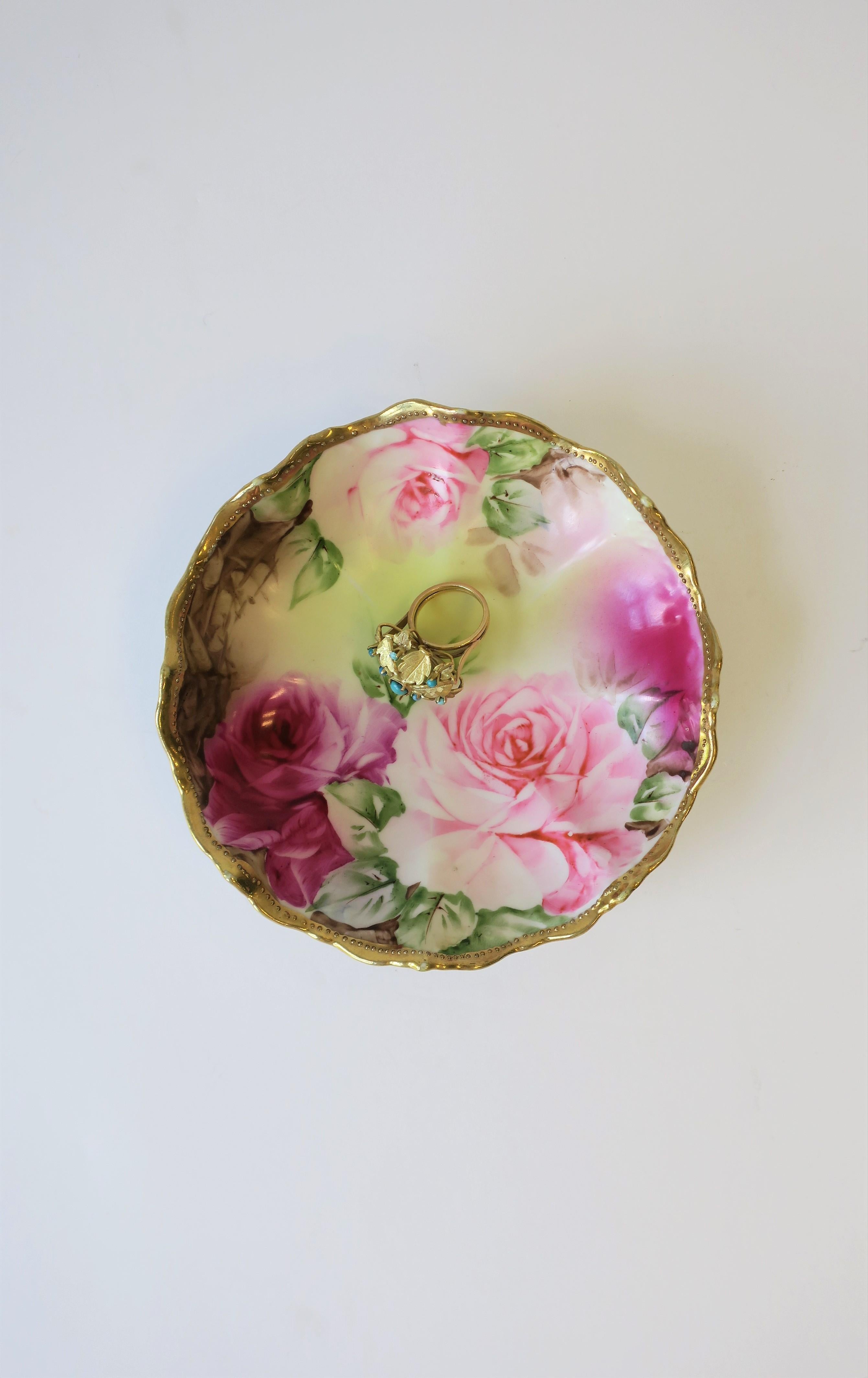 20th Century German Gold Gilt Pink Roses Porcelain Jewelry Dish