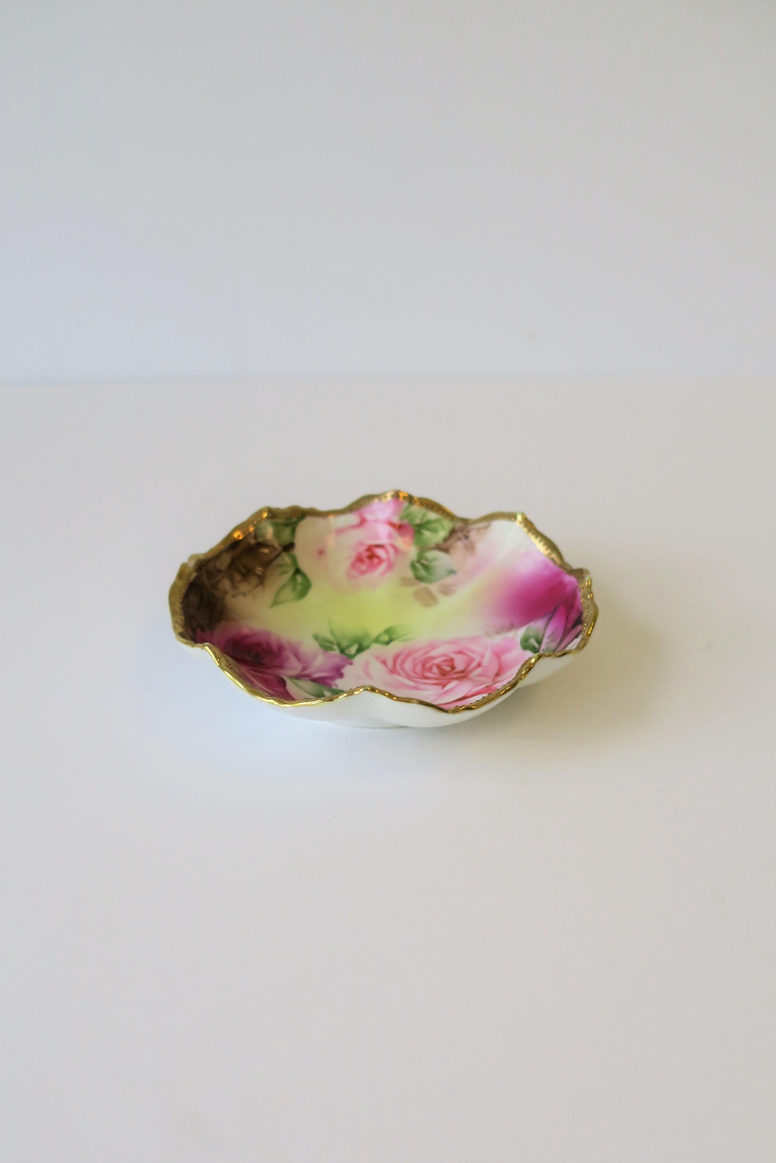 Ceramic German Gold Gilt Pink Roses Porcelain Jewelry Dish
