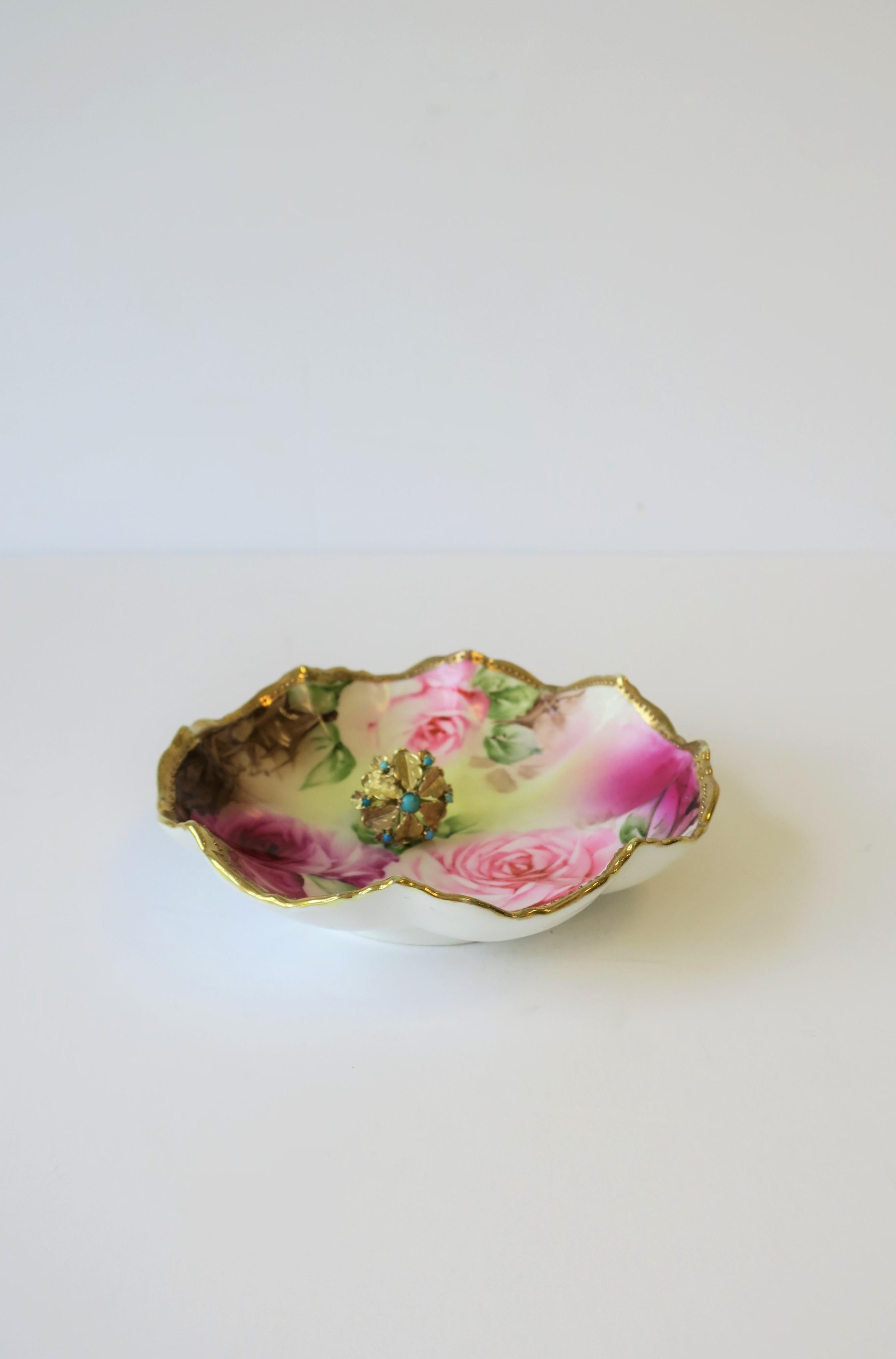 German Gold Gilt Pink Roses Porcelain Jewelry Dish 2