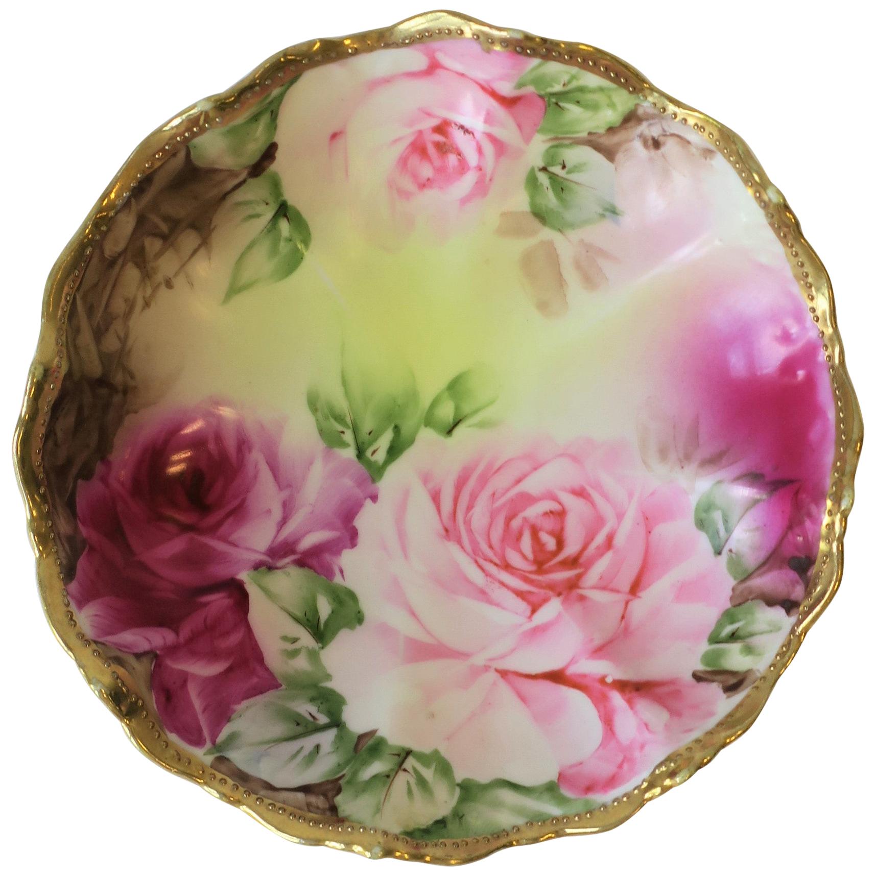 German Gold Gilt Pink Roses Porcelain Jewelry Dish