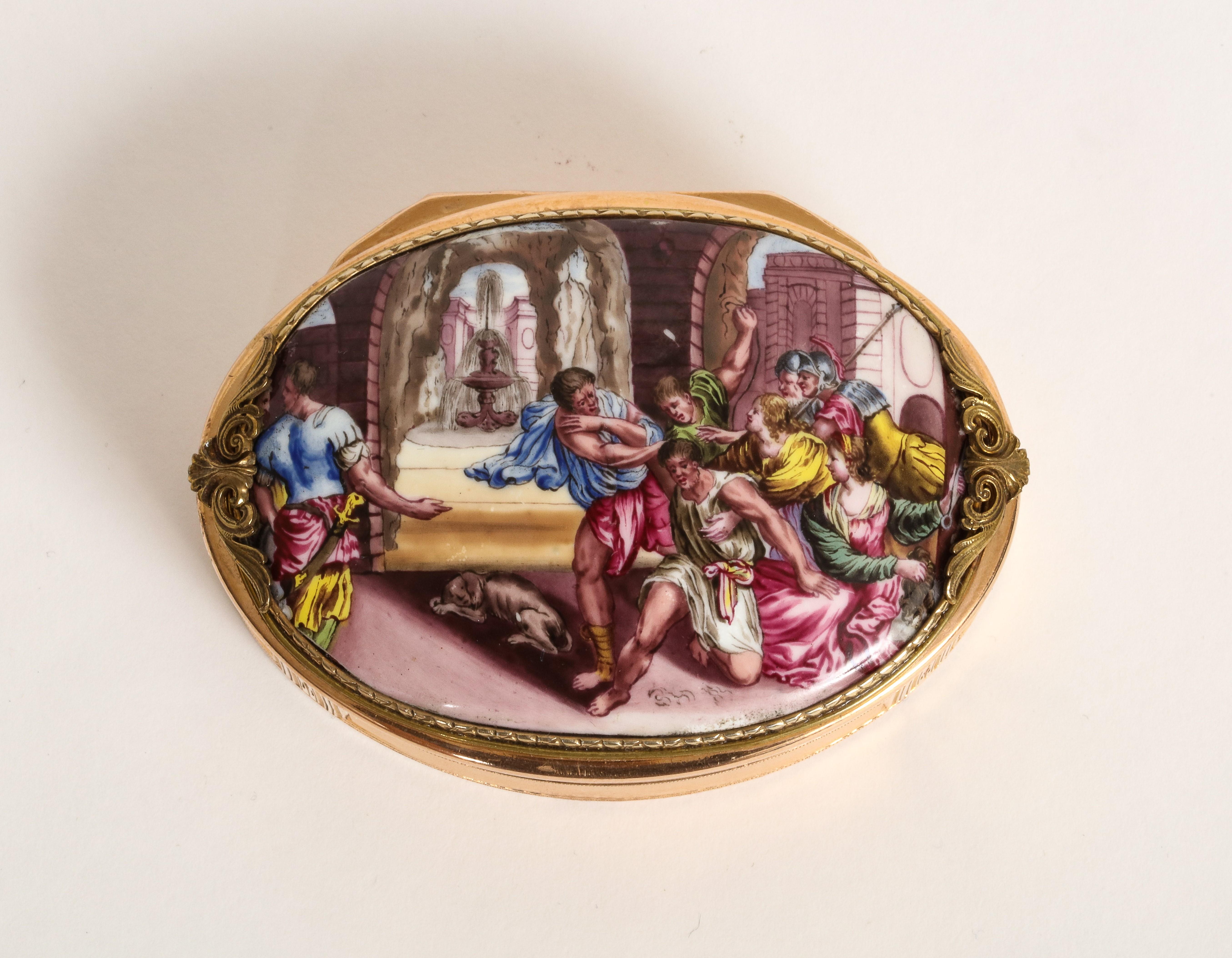 German gold & porcelain snuff box
Maker's Mark F(-) Crowned, Hanau Circa 1780, - Struck with the Hanau Town Mark for 18k Gold and a mark
resembling the Parisian Charge Mark of Julien Alaterre, The Porcelain Plaque, Continental, Circa 1800

Oval