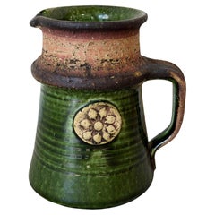 German Green Glazed Ceramic Studio Pitcher Jug Vintage Mid-Century Modern 1970s