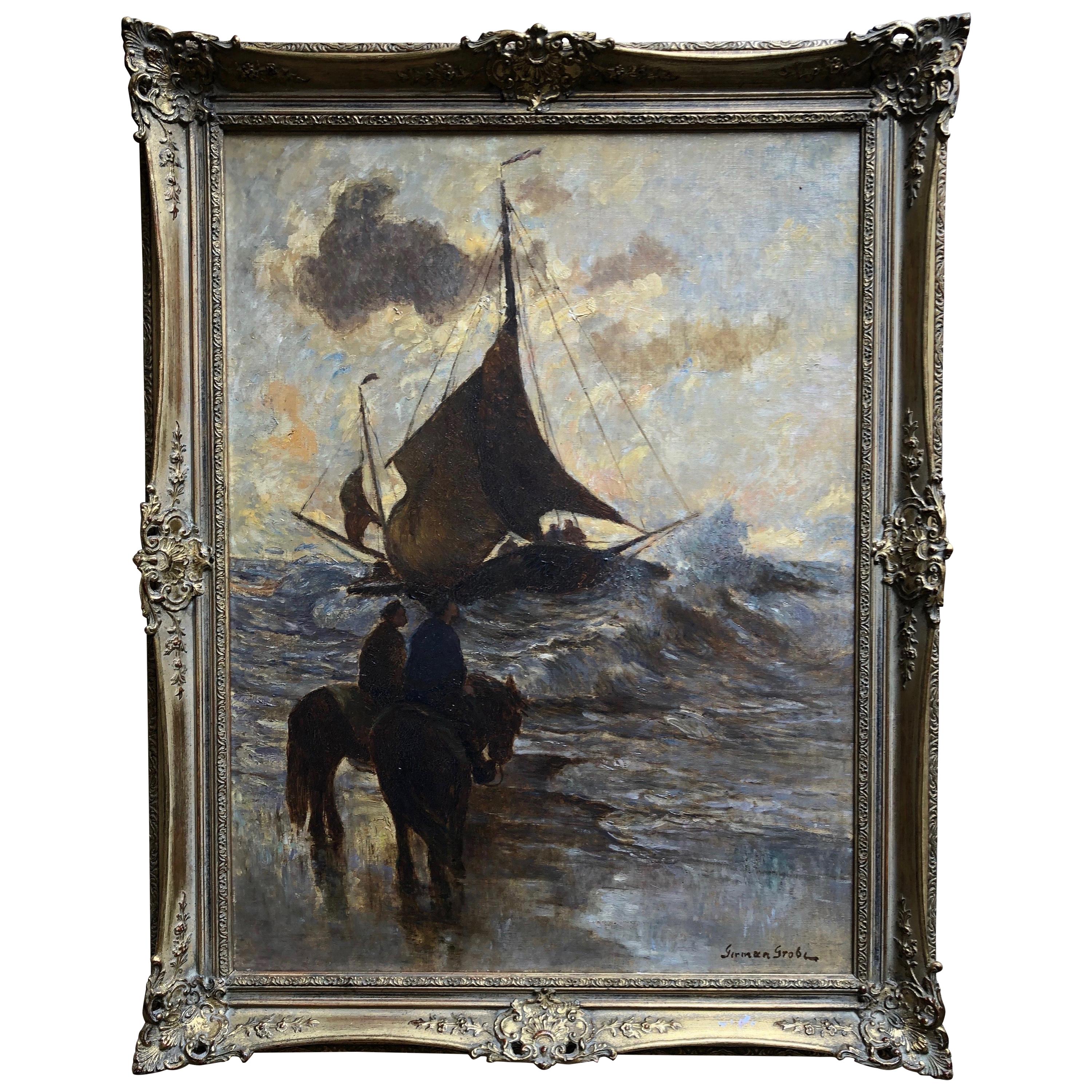 German Grobe "Bateaux de pêche en mer" Peinture à l'huile originale:: vers 1900 en vente