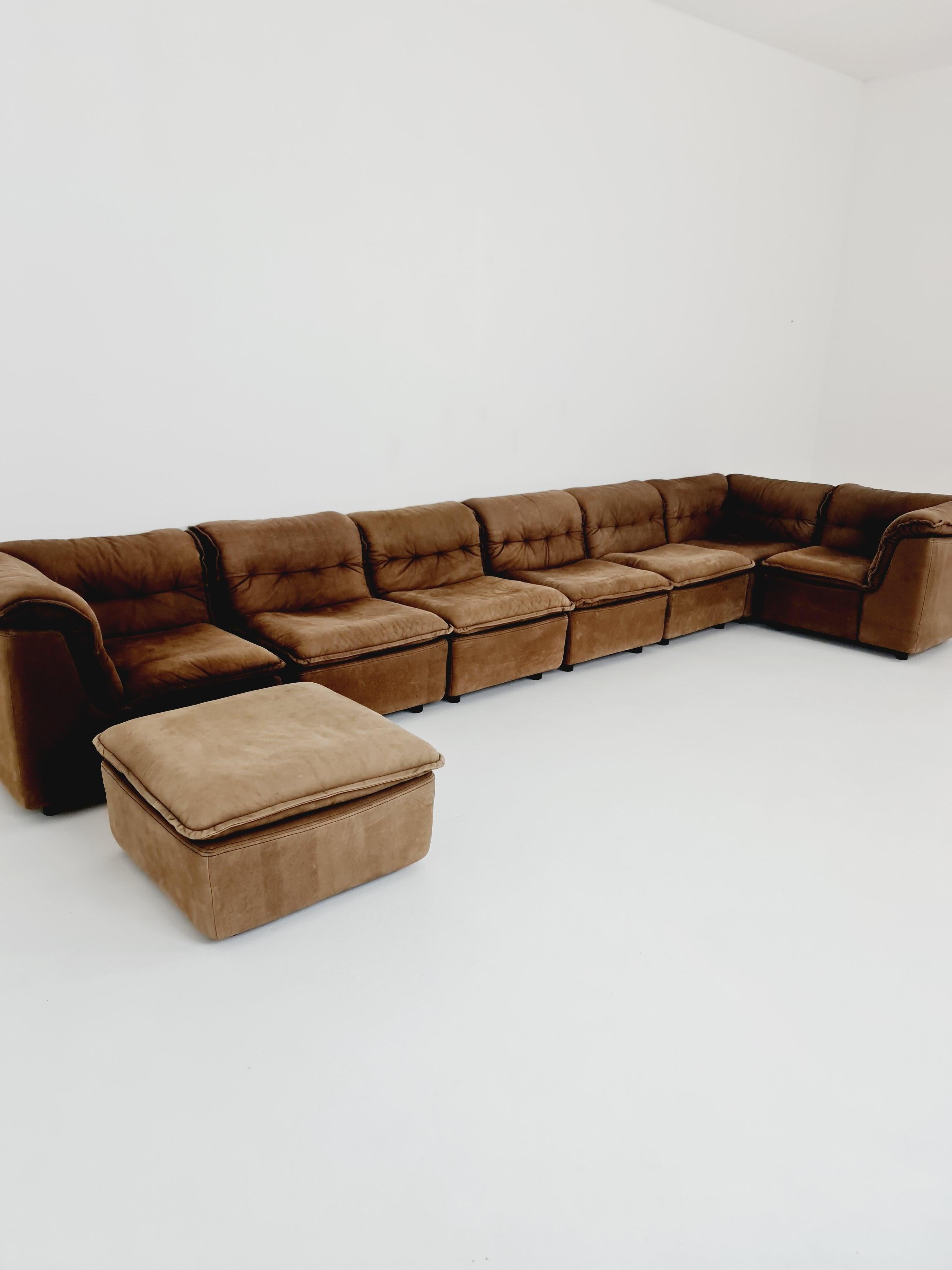 German Groovy space age 8 peices modular sofa/couch in brown Leather, 1970s 11