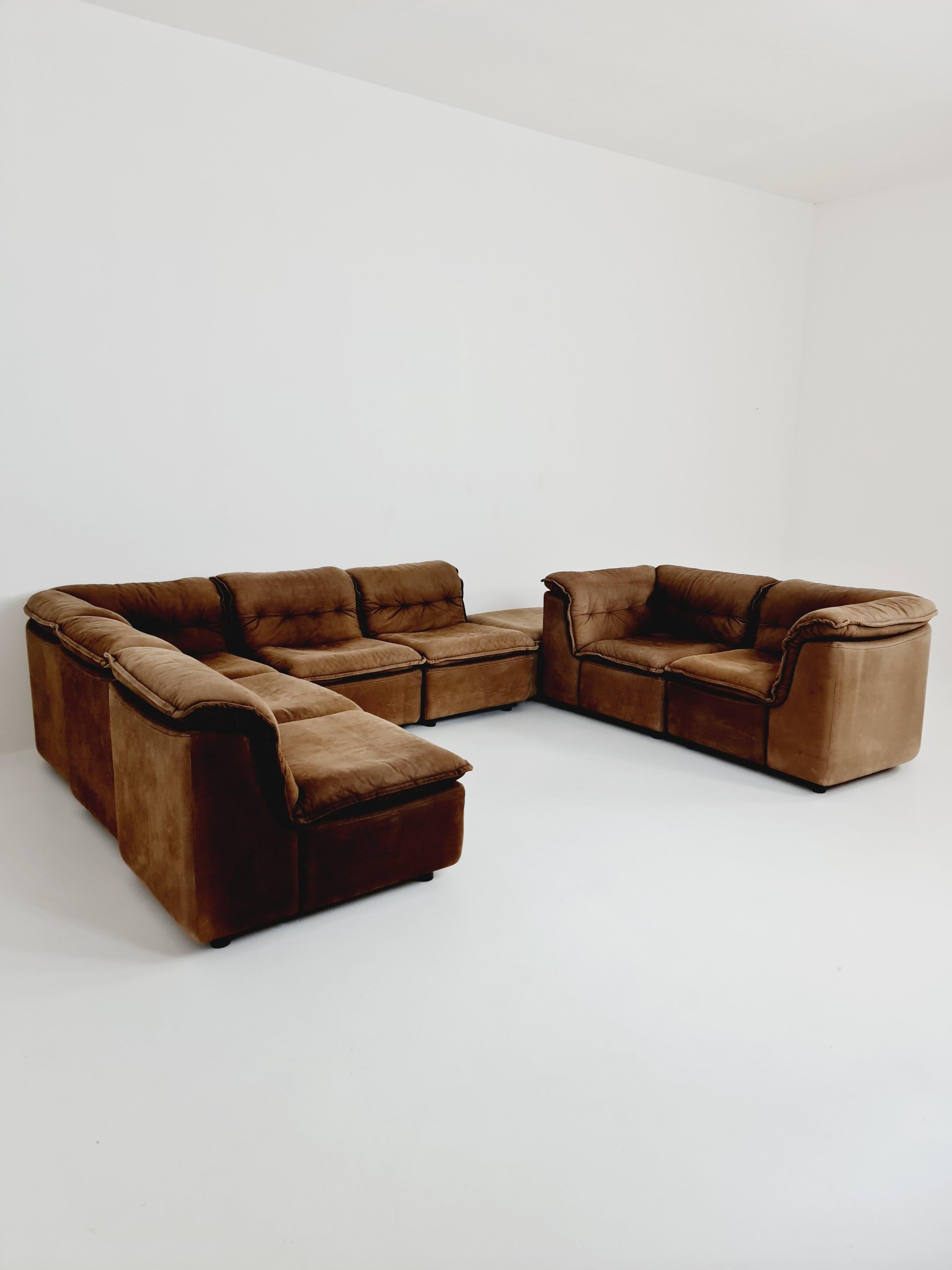 German Groovy space age 8 peices modular sofa/couch in brown Leather, 1970s 13