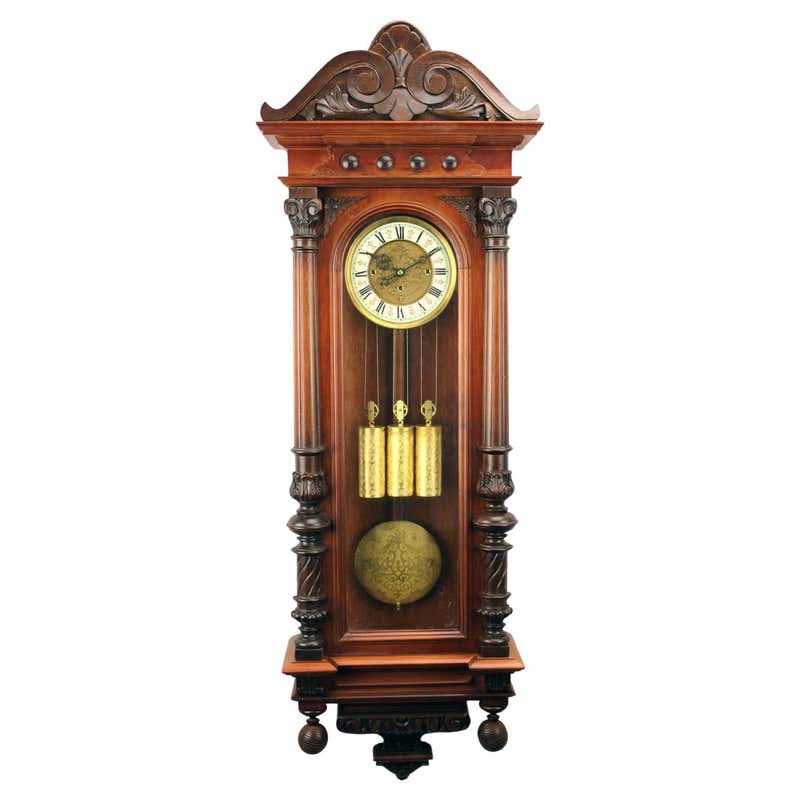 German Wall Clock by Gustav Becker, Walnut, 19th C, carved eagle For