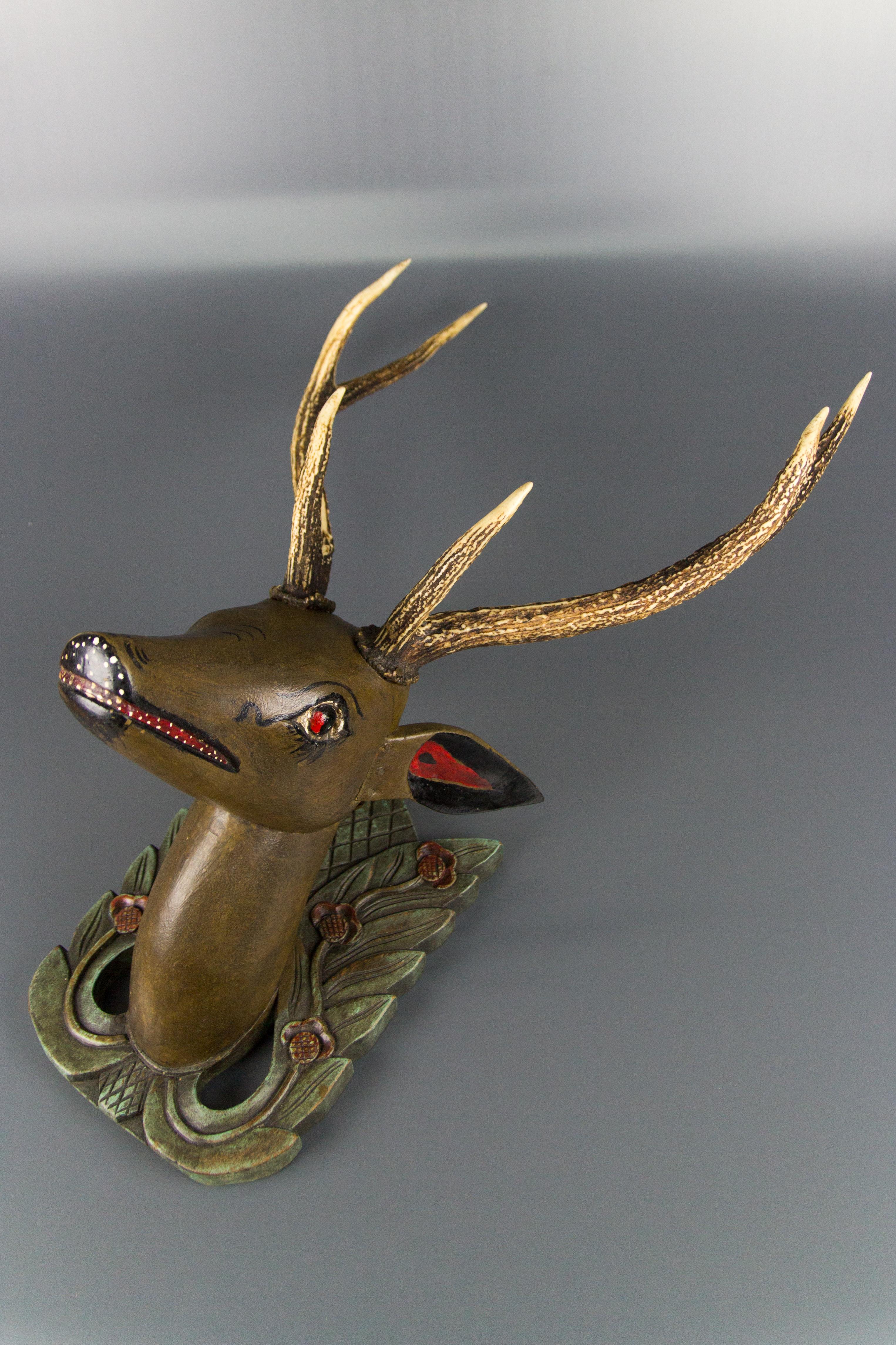 German Hand Carved and Hand Painted Wood Deer Head with Antlers, Wall Plaque For Sale 8