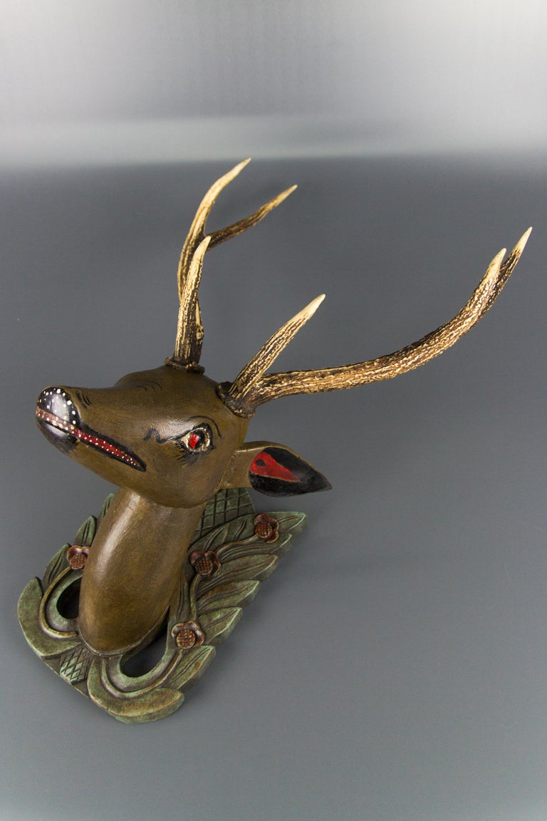 German Hand Carved and Hand Painted Wood Deer Head with Antlers, Wall Plaque For Sale 10