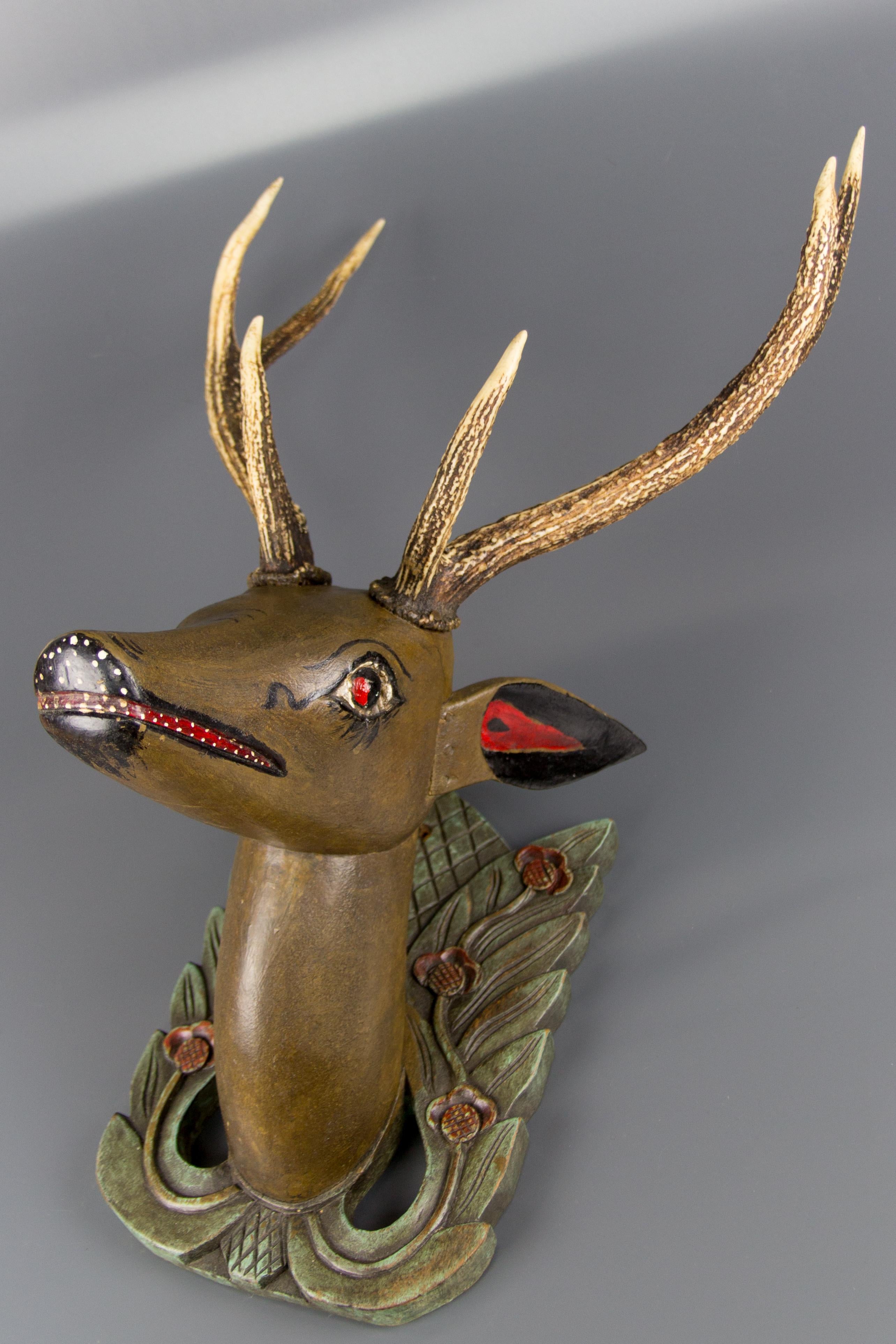 German Hand Carved and Hand Painted Wood Deer Head with Antlers, Wall Plaque For Sale 9