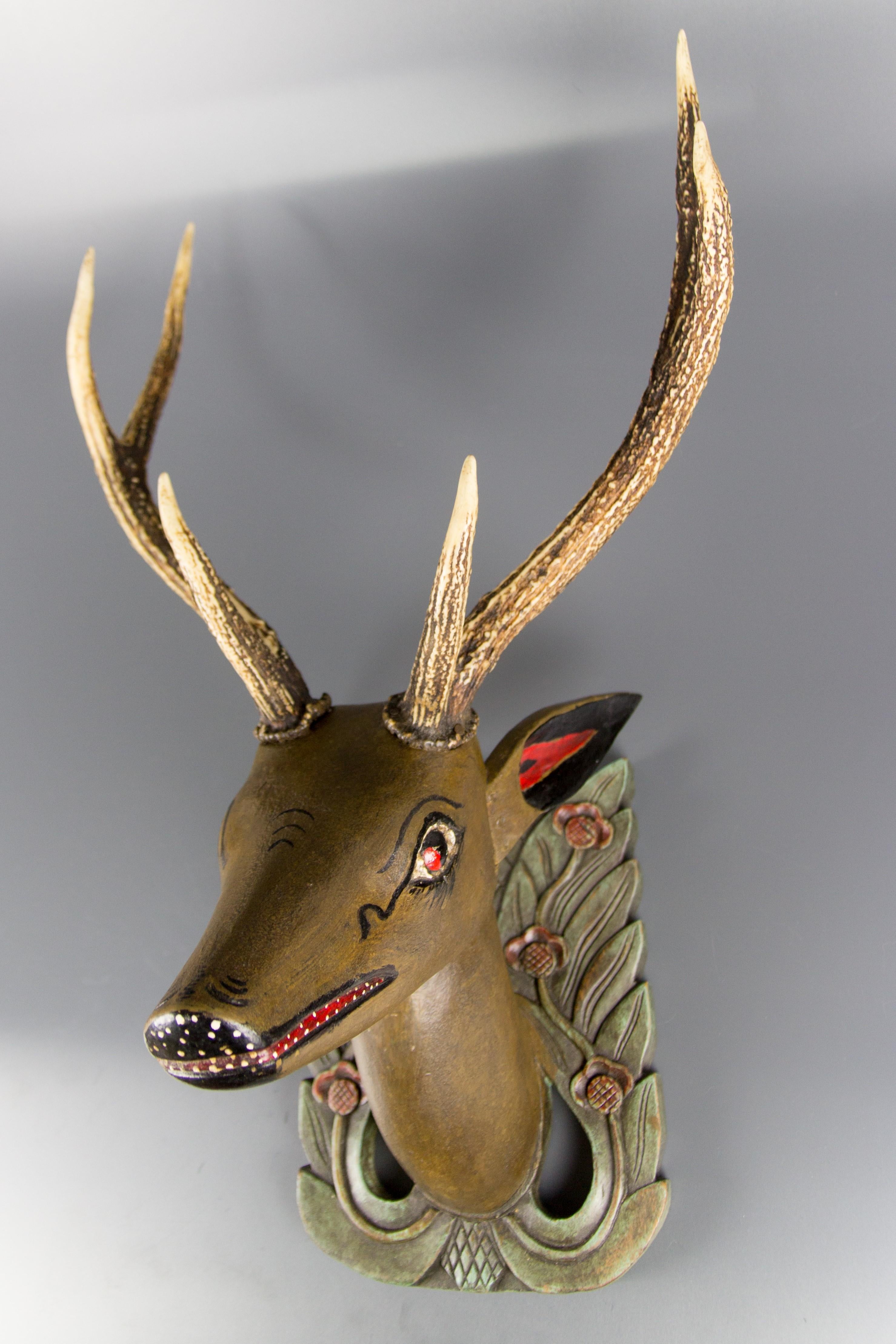 German Hand Carved and Hand Painted Wood Deer Head with Antlers, Wall Plaque For Sale 11