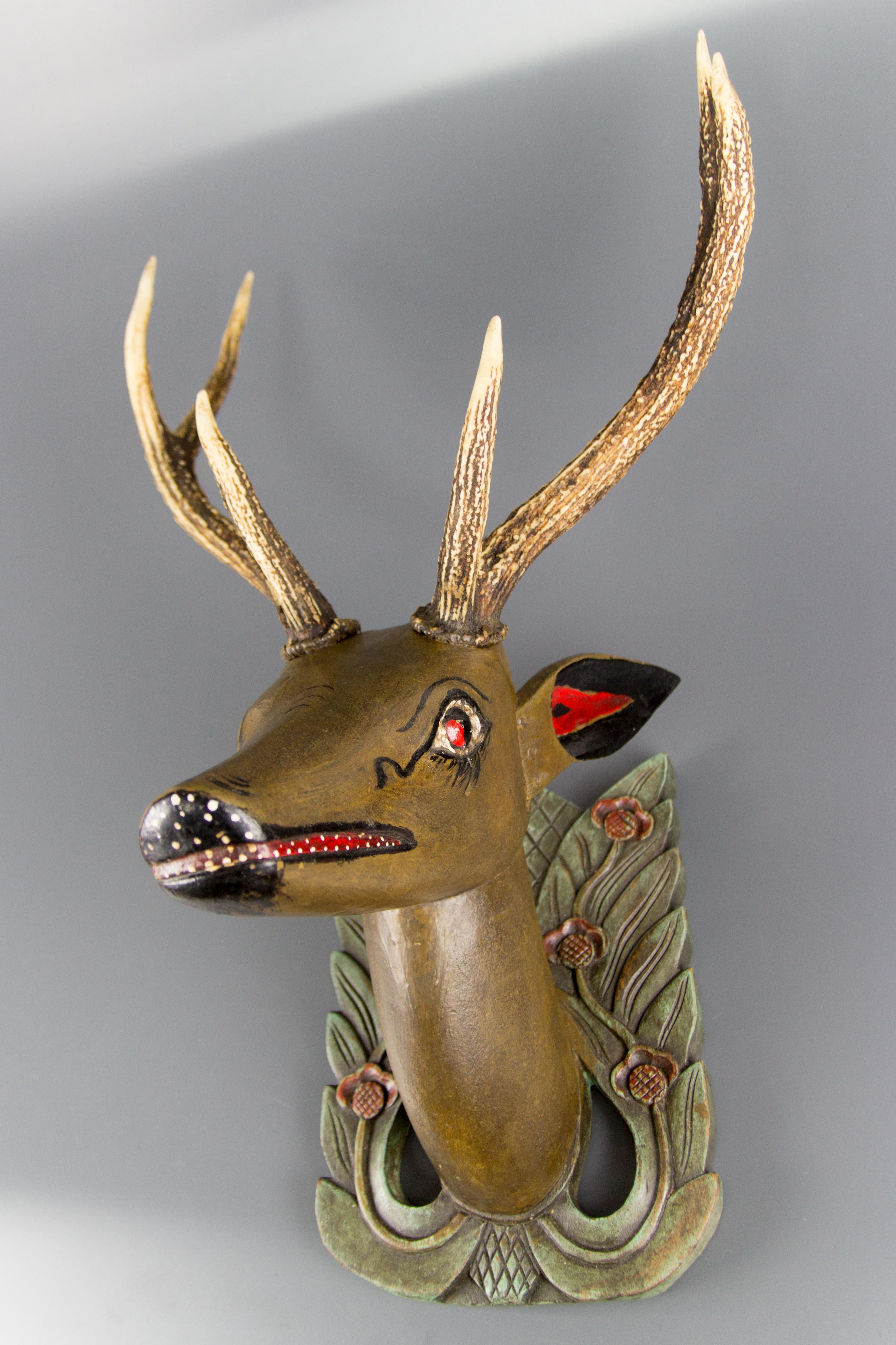 German Hand Carved and Hand Painted Wood Deer Head with Antlers, Wall Plaque For Sale 12