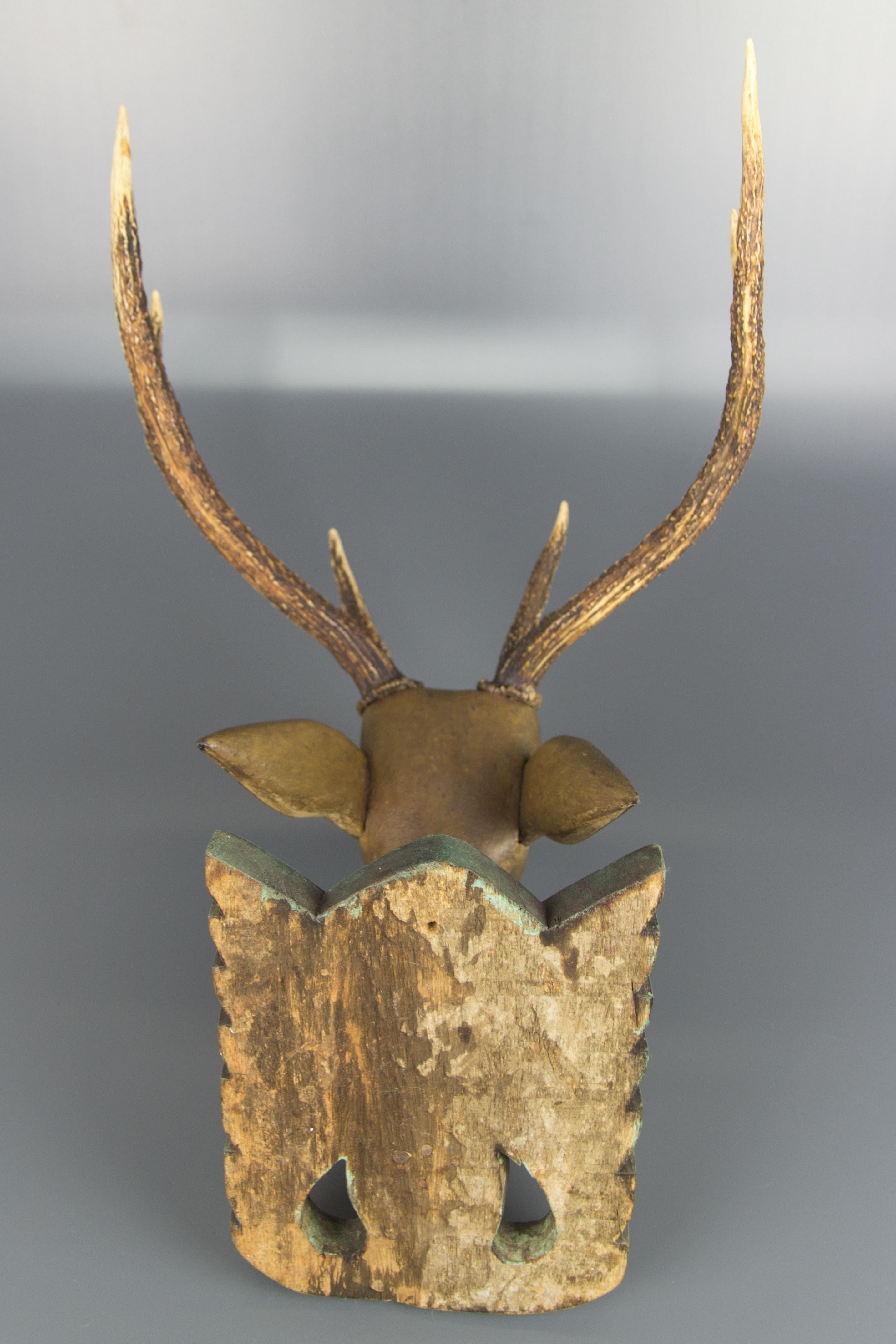 Art Nouveau German Hand Carved and Hand Painted Wood Deer Head with Antlers, Wall Plaque For Sale
