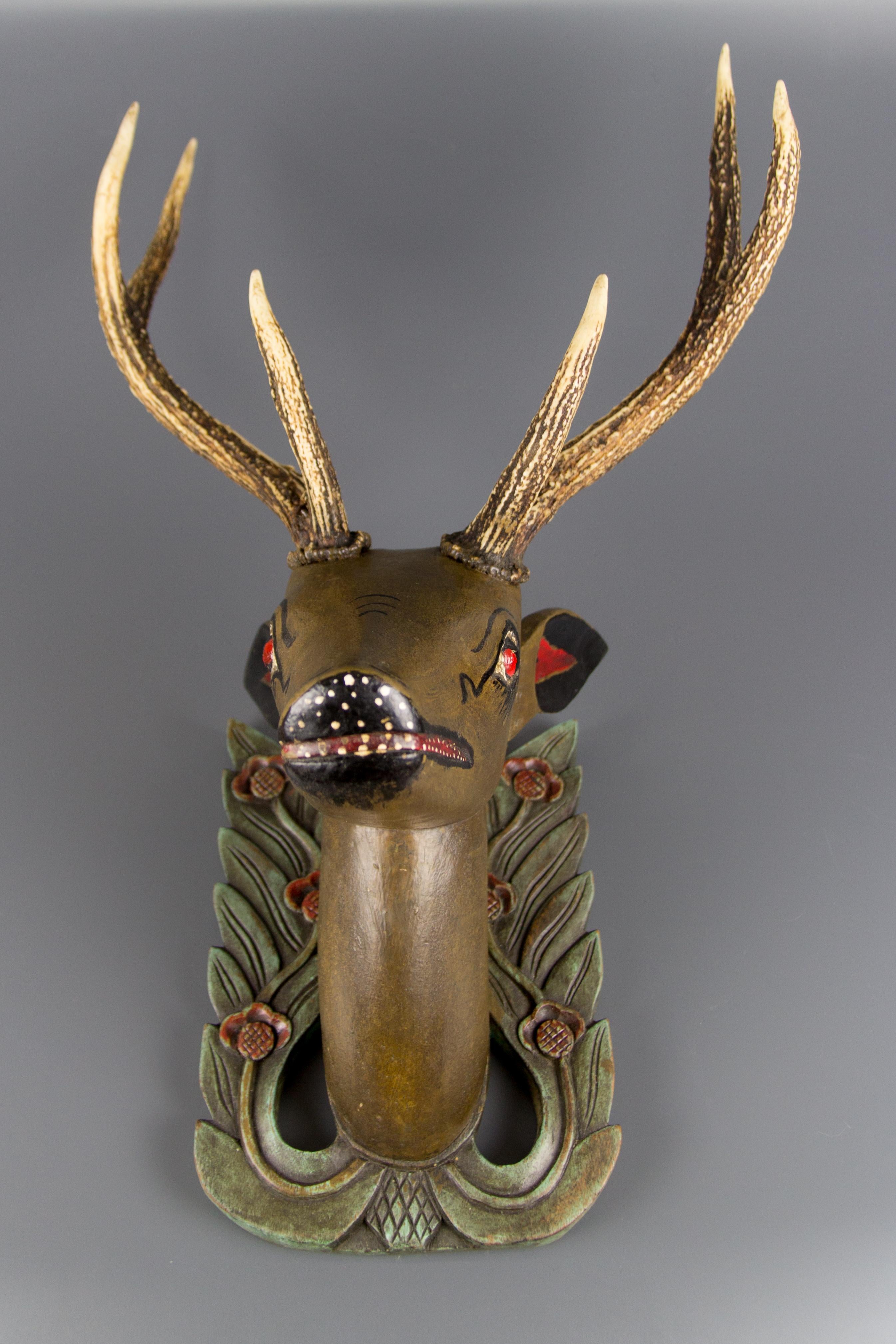 Early 20th Century German Hand Carved and Hand Painted Wood Deer Head with Antlers, Wall Plaque For Sale