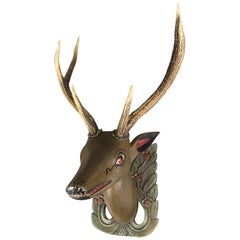 German Hand Carved and Hand Painted Wood Deer Head with Antlers, Wall Plaque