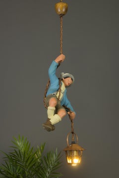 German Hand Carved and Painted Figure Bavarian Mountain Climber with Lantern