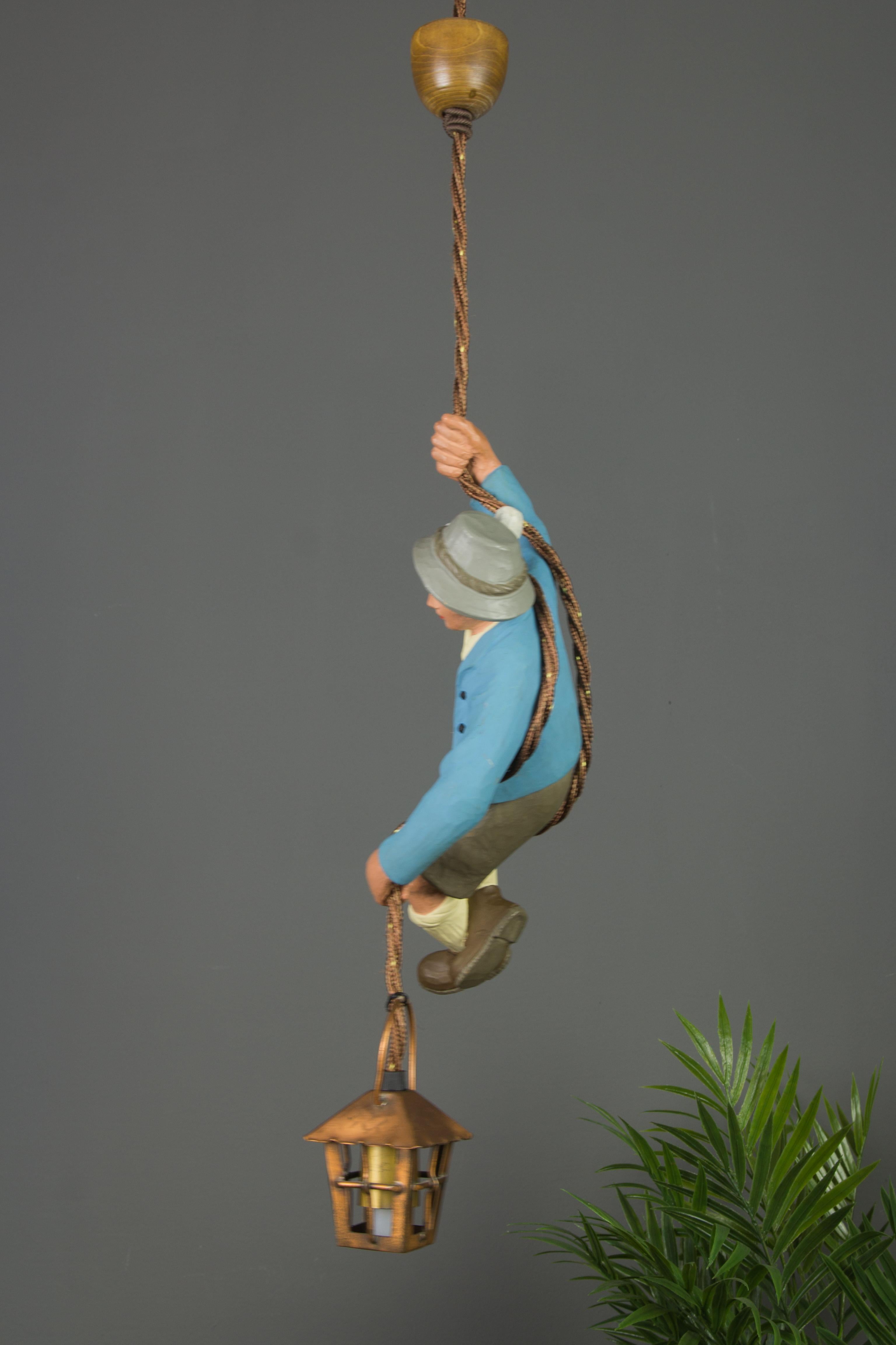 Folk Art German Hand Carved and Painted Figure Bavarian Mountain Climber with Lantern