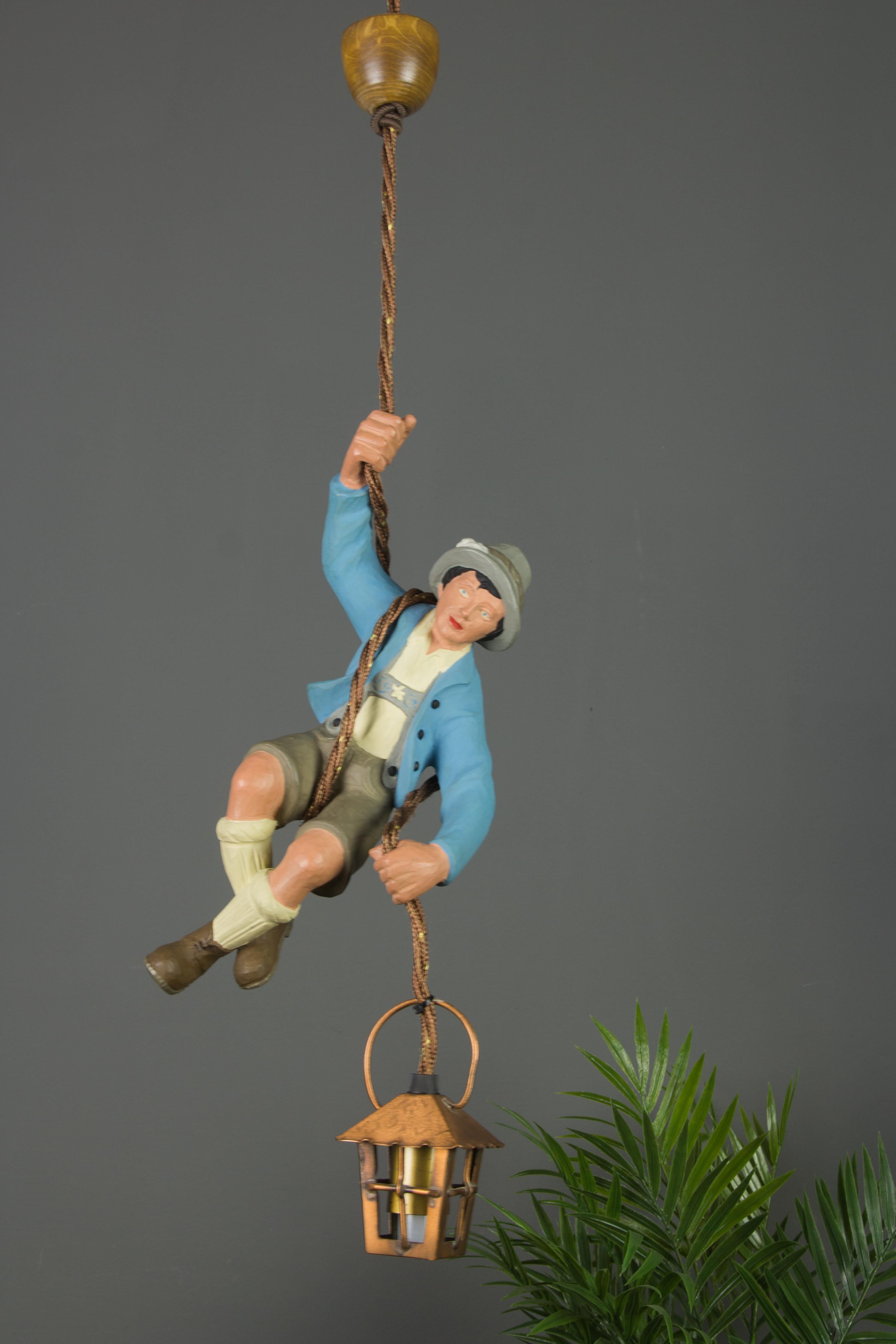 Mid-20th Century German Hand Carved and Painted Figure Bavarian Mountain Climber with Lantern