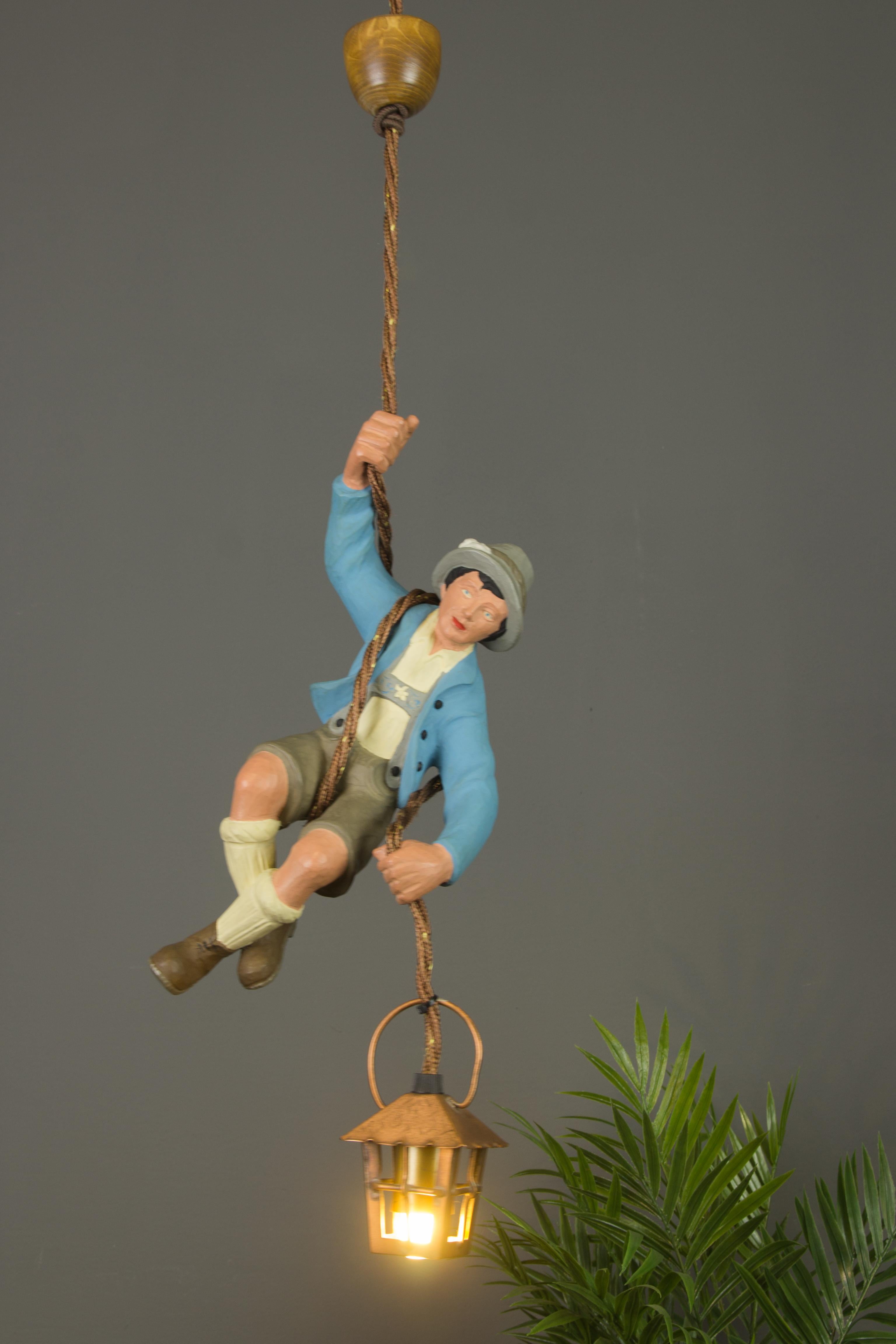 Wood German Hand Carved and Painted Figure Bavarian Mountain Climber with Lantern