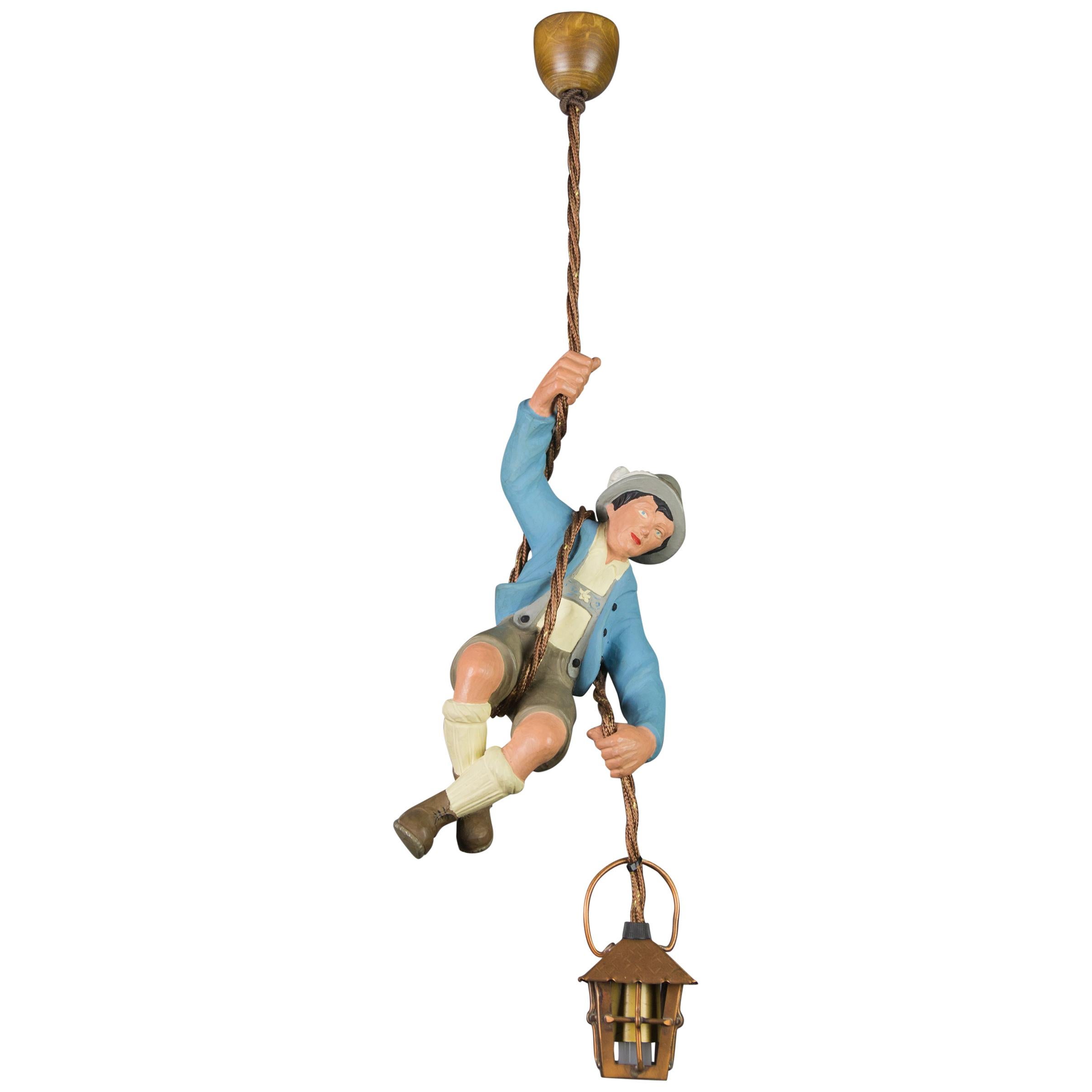German Hand Carved and Painted Figure Bavarian Mountain Climber with Lantern