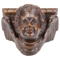 German Hand Carved Oak Wood Winged Angel Head Wall Console or Bracket Shelf