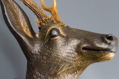 German Hand Carved Wooden Deer Head with Antlers on Carved Wall Plaque