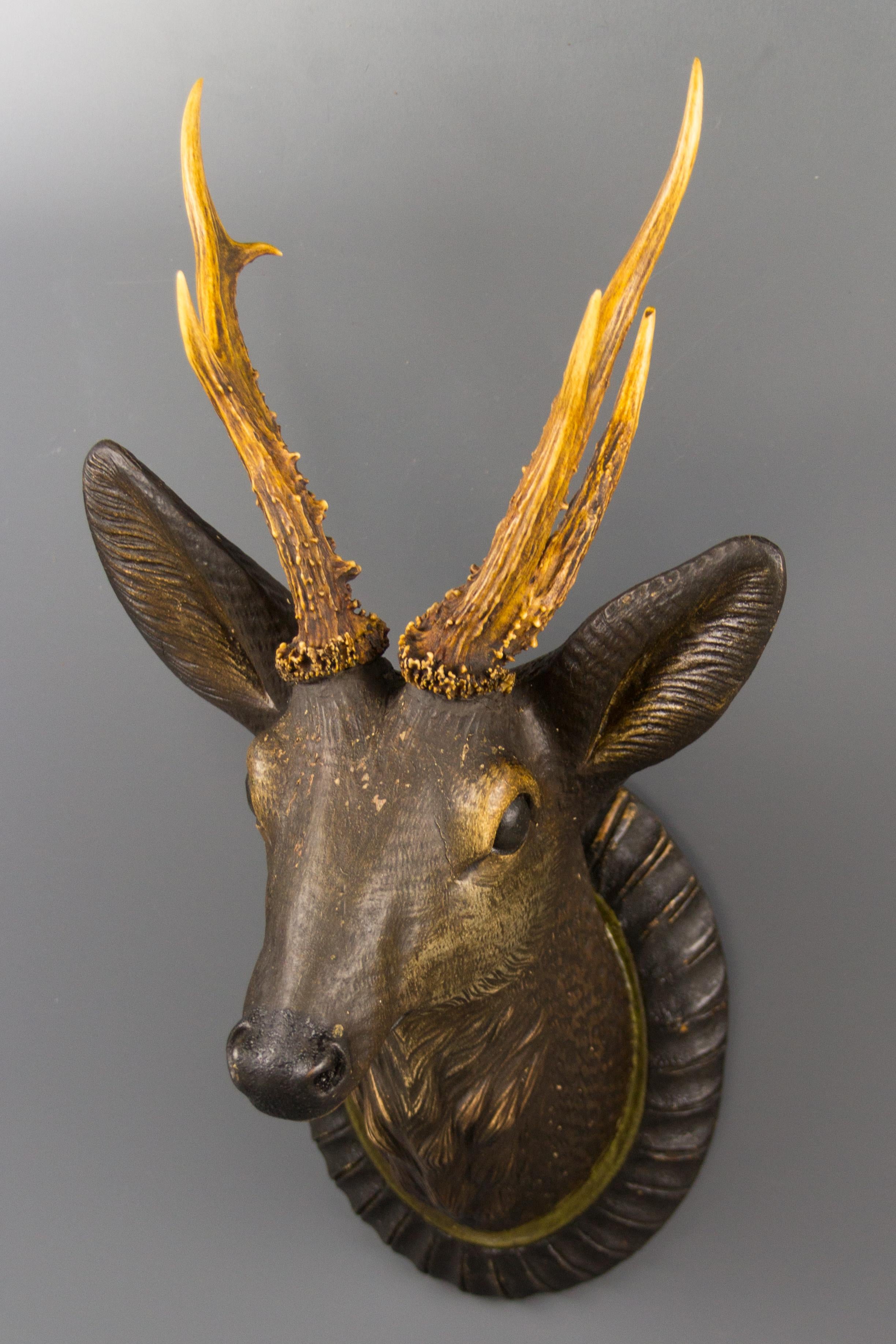 Black Forest German Hand Carved Wooden Deer Head with Antlers on Carved Wall Plaque