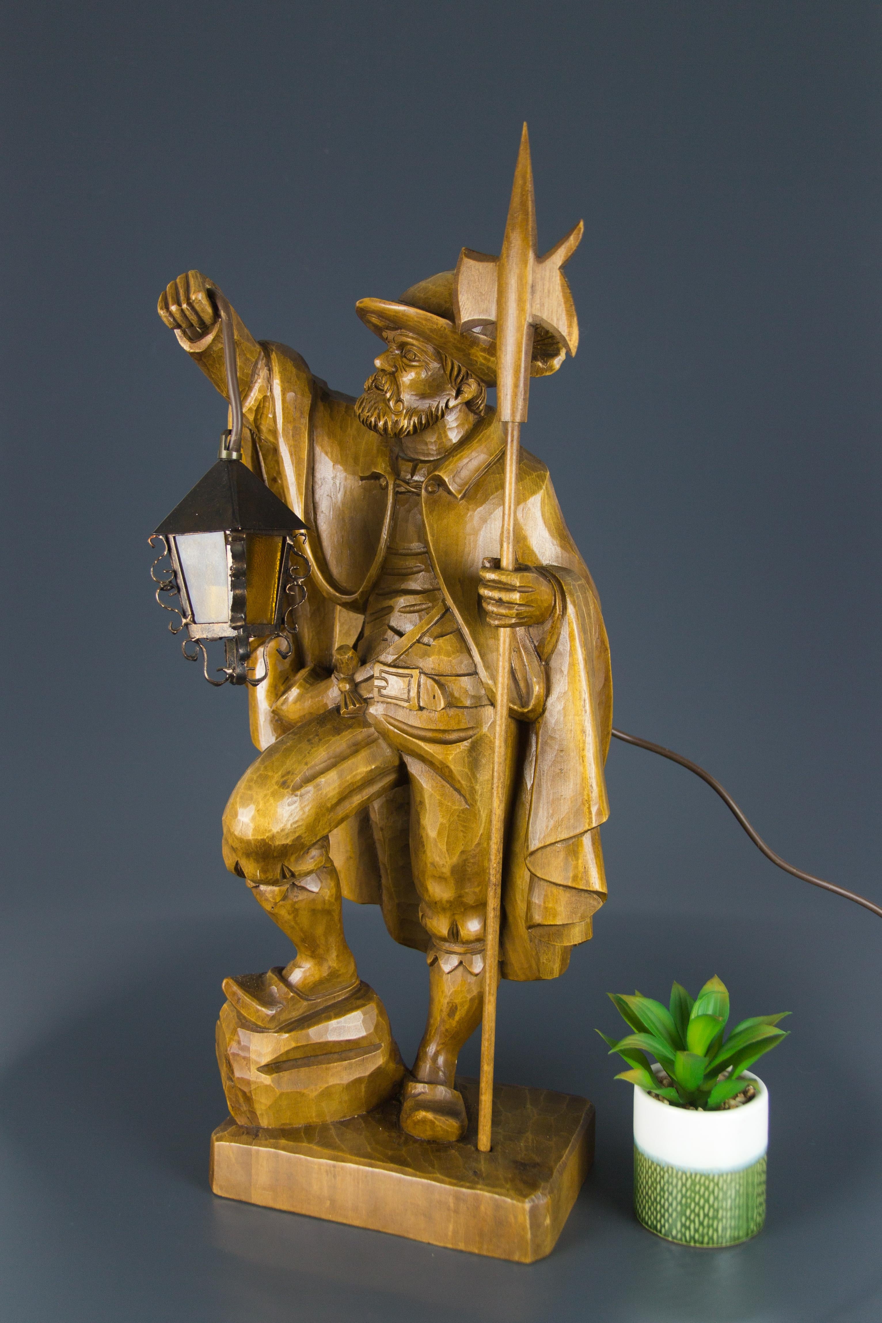 German Hand Carved Wooden Figurative Sculpture Lamp Night Watchman with Lantern 2