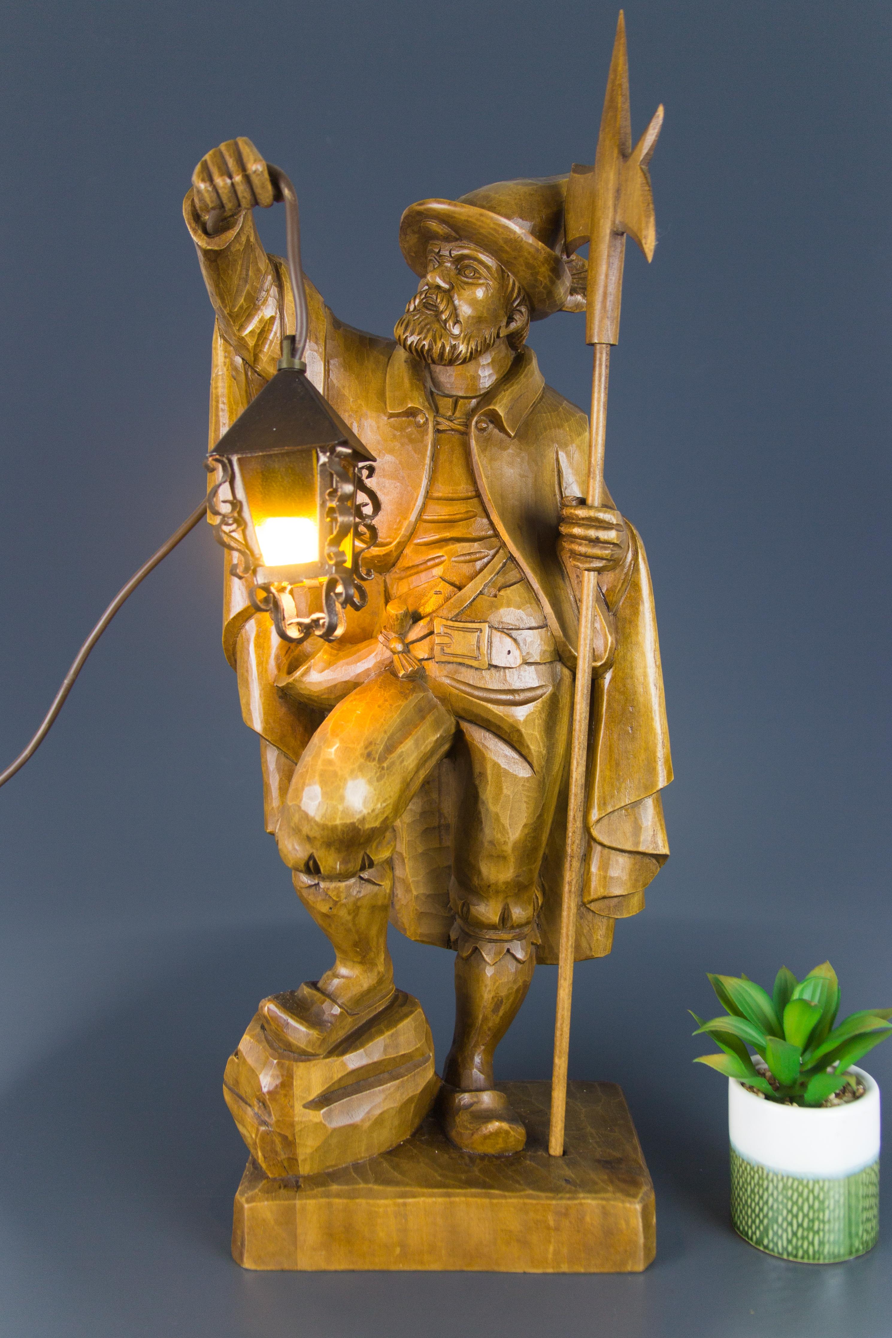 German Hand Carved Wooden Figurative Sculpture Lamp Night Watchman with Lantern 4