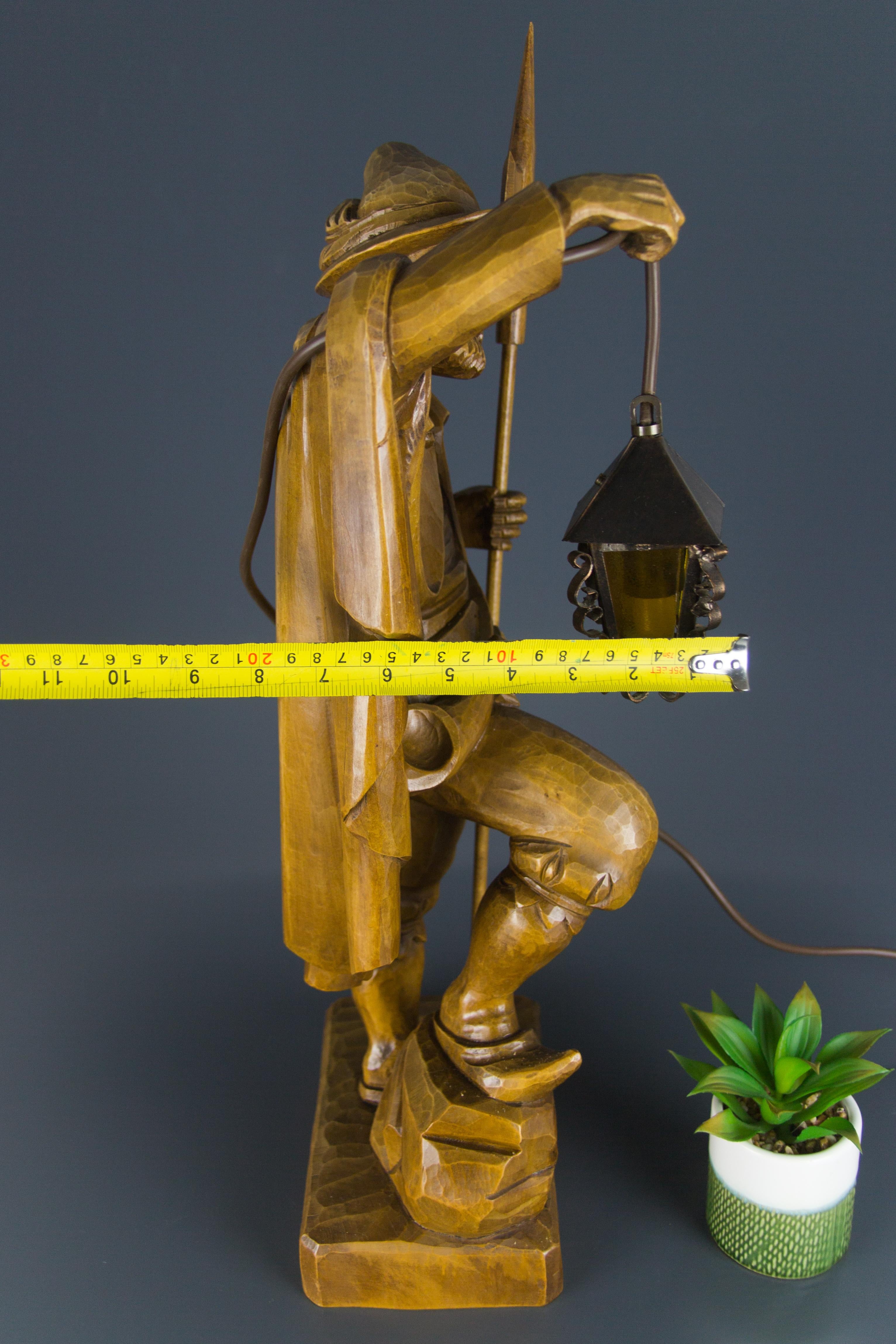 German Hand Carved Wooden Figurative Sculpture Lamp Night Watchman with Lantern 9