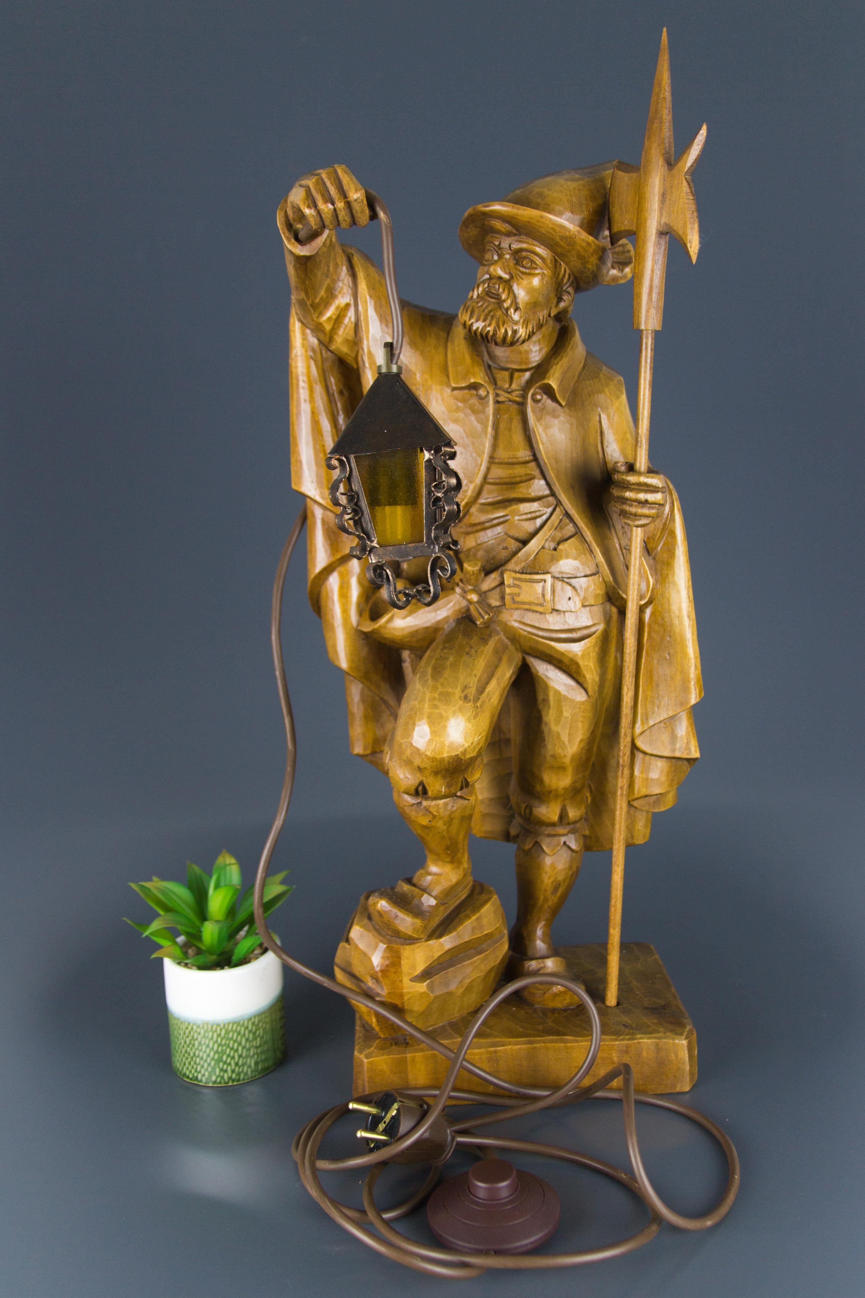 German Hand Carved Wooden Figurative Sculpture Lamp Night Watchman with Lantern 10