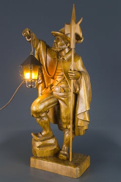 German Hand Carved Wooden Figurative Sculpture Lamp Night Watchman with Lantern