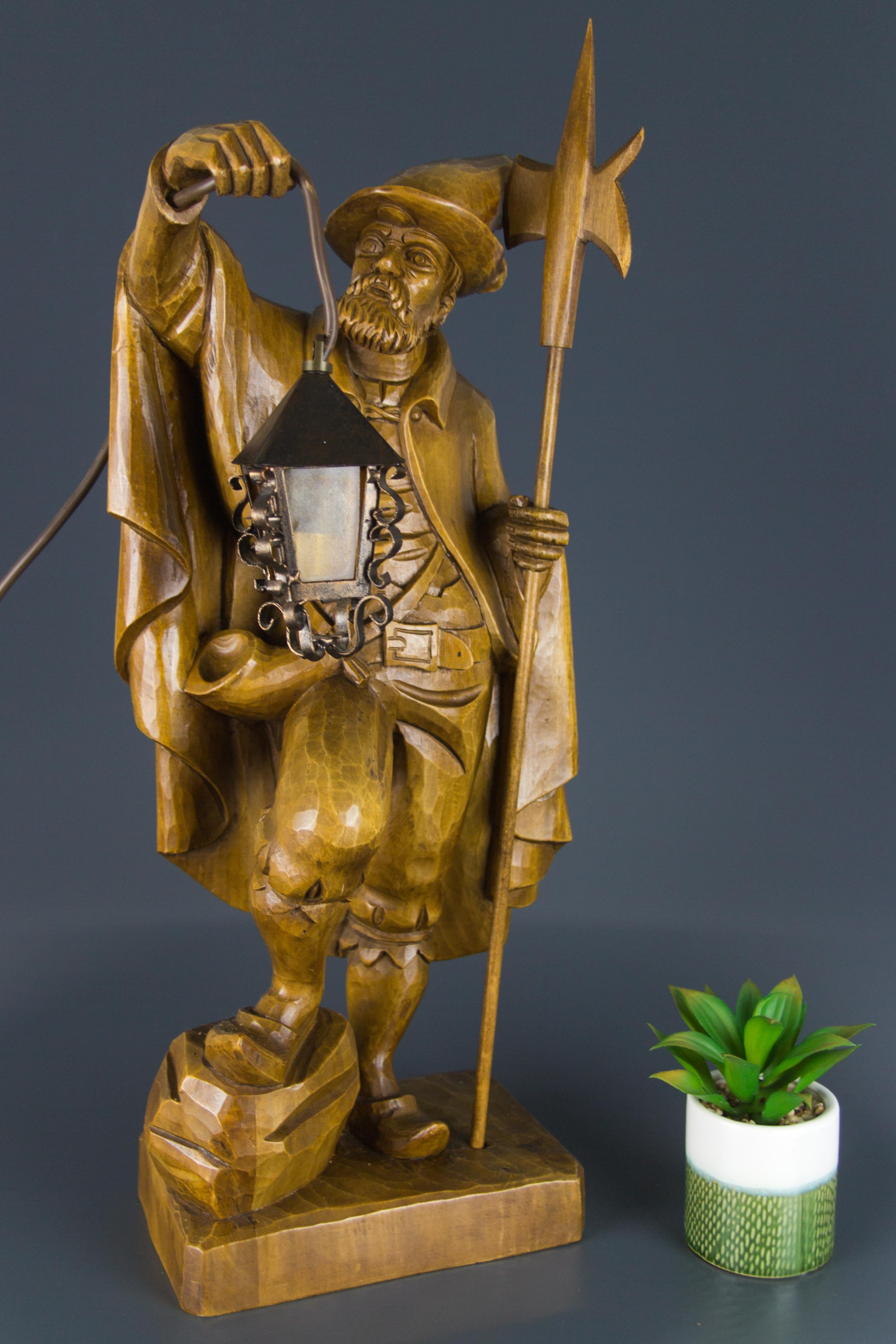 German Hand Carved Wooden Figurative Sculpture Lamp Night Watchman with Lantern 12