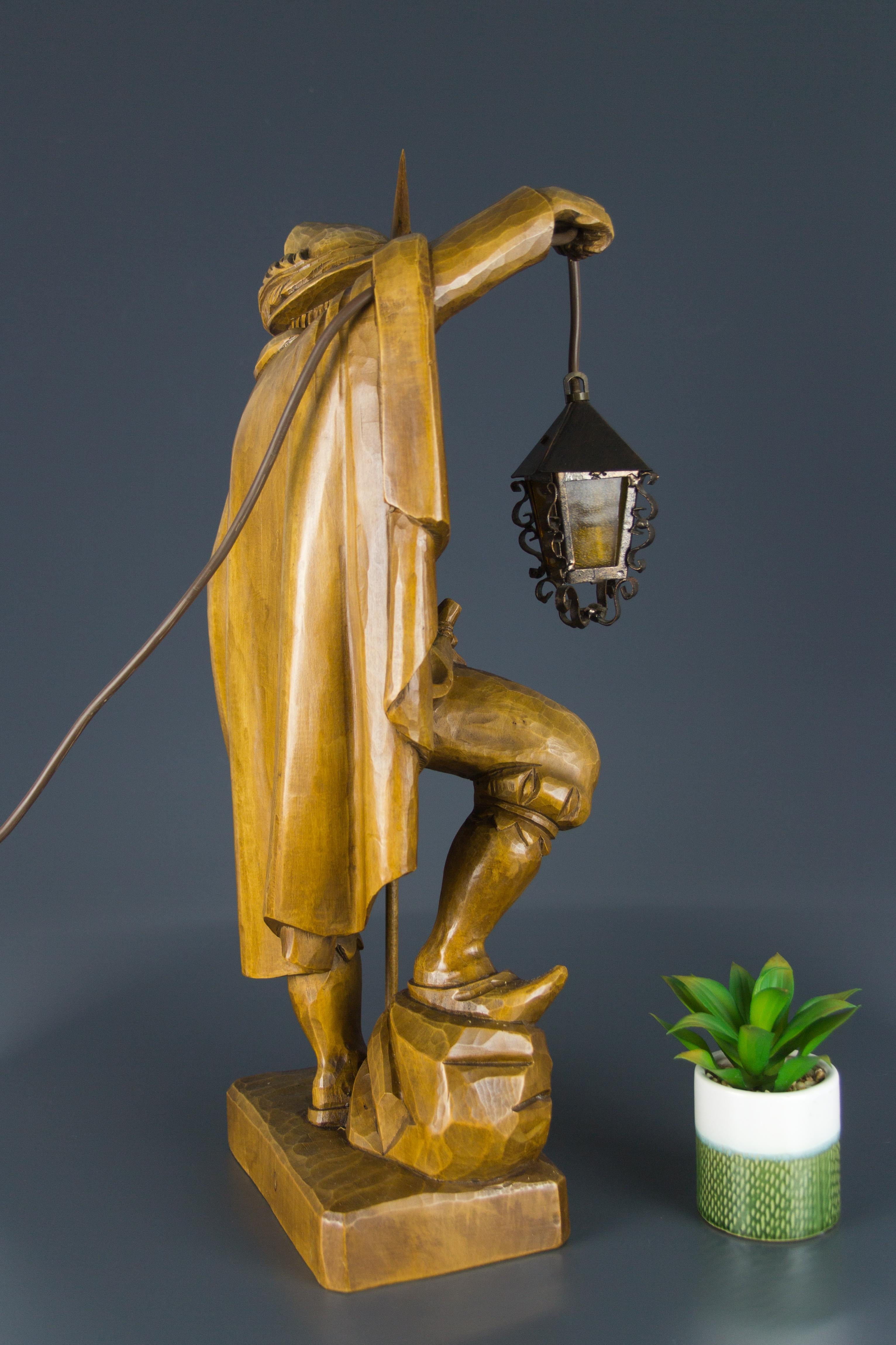Hand-Carved German Hand Carved Wooden Figurative Sculpture Lamp Night Watchman with Lantern