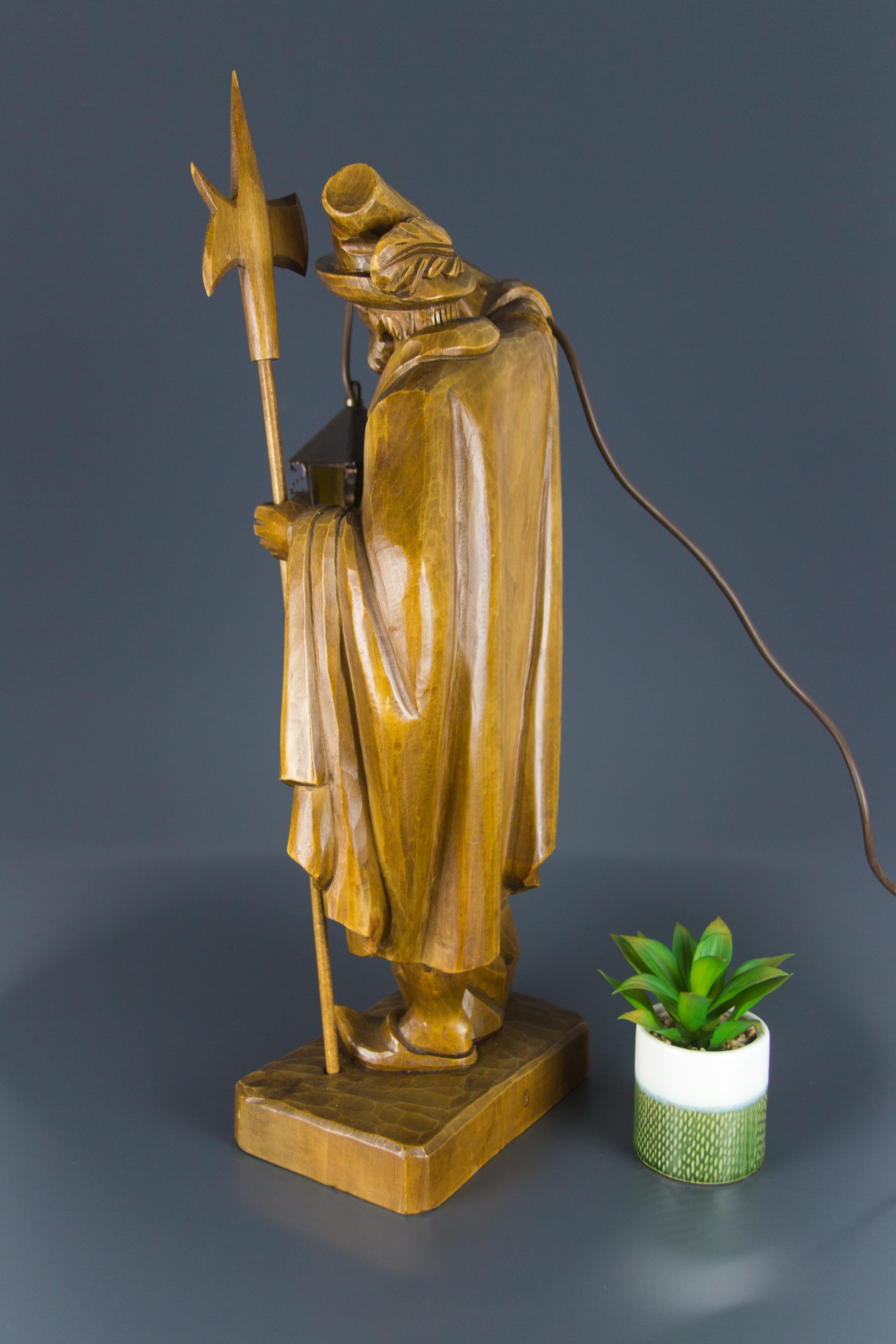 20th Century German Hand Carved Wooden Figurative Sculpture Lamp Night Watchman with Lantern