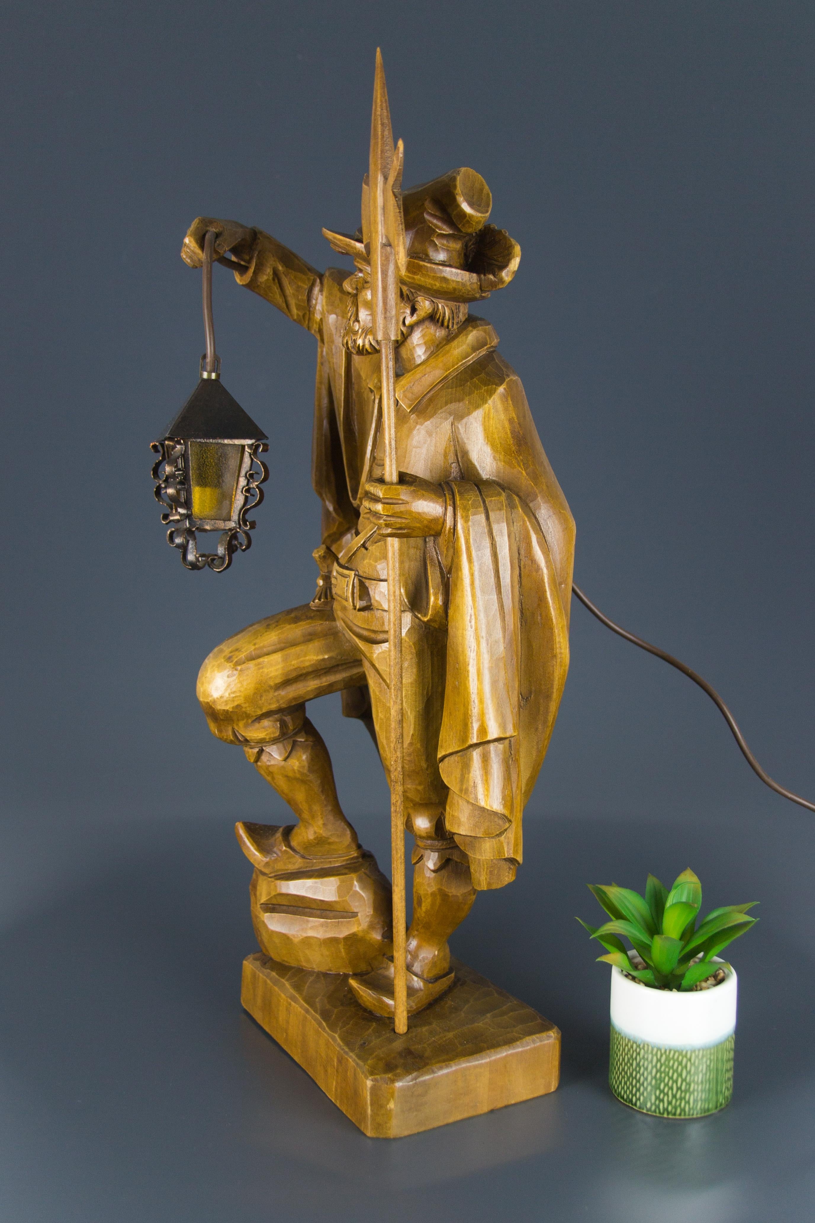German Hand Carved Wooden Figurative Sculpture Lamp Night Watchman with Lantern 1