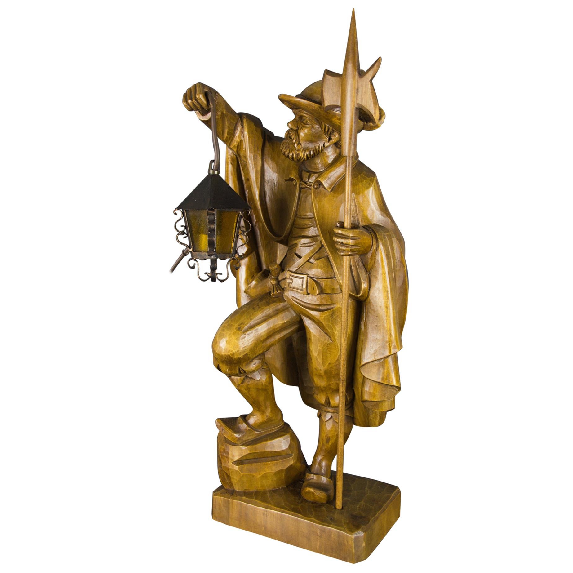 German Hand Carved Wooden Figurative Sculpture Lamp Night Watchman with Lantern