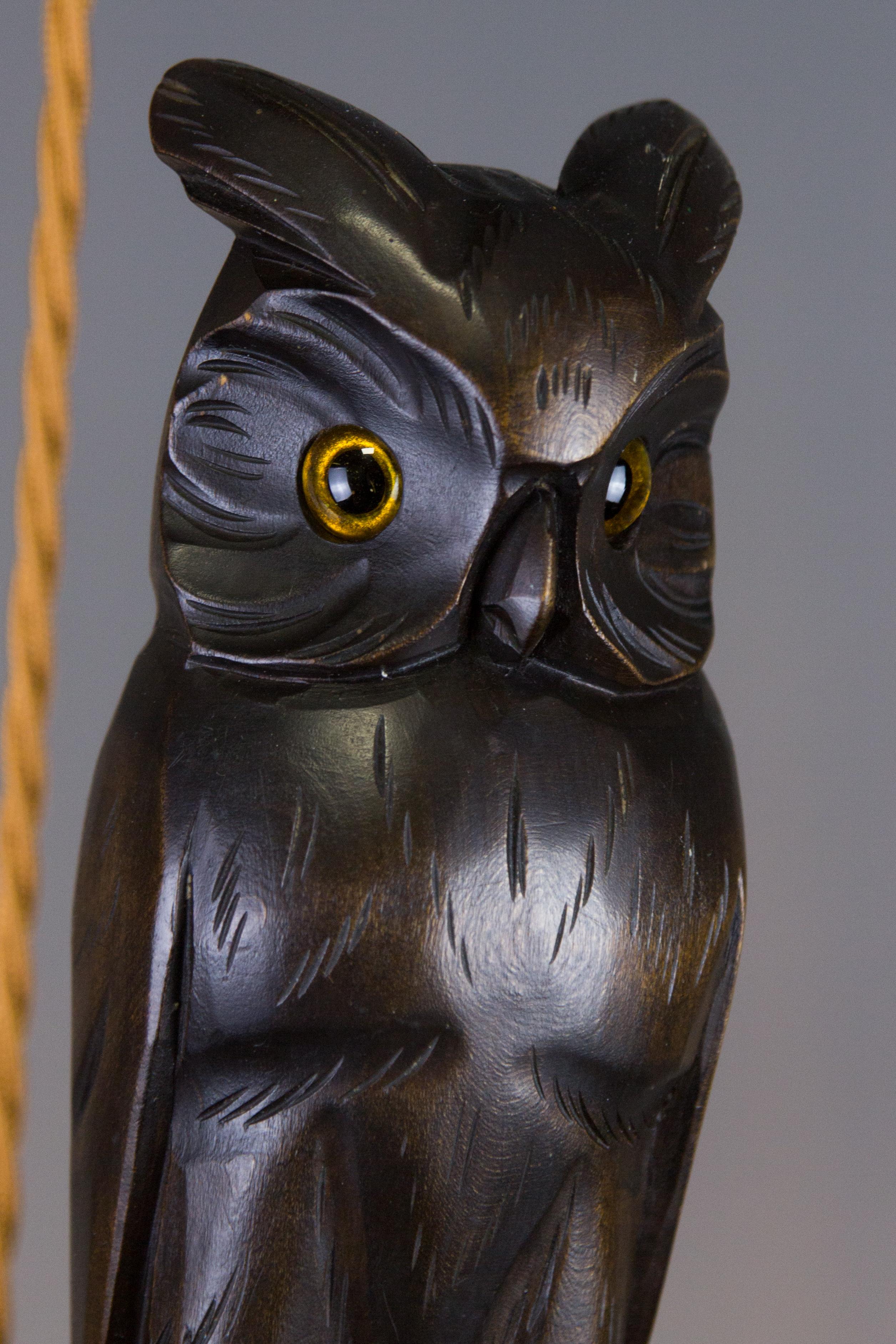 German Hand Carved Wooden Pendant Light Chandelier with Owl Sculpture, 1920s 3