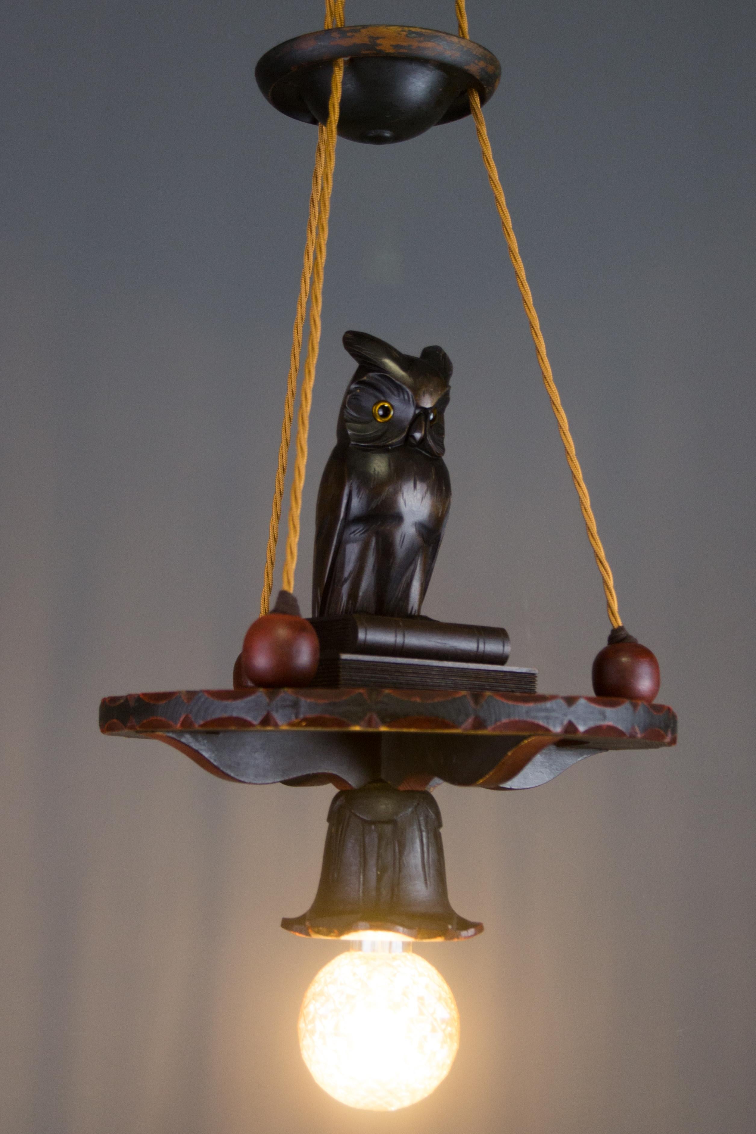 German Hand Carved Wooden Pendant Light Chandelier with Owl Sculpture, 1920s 1