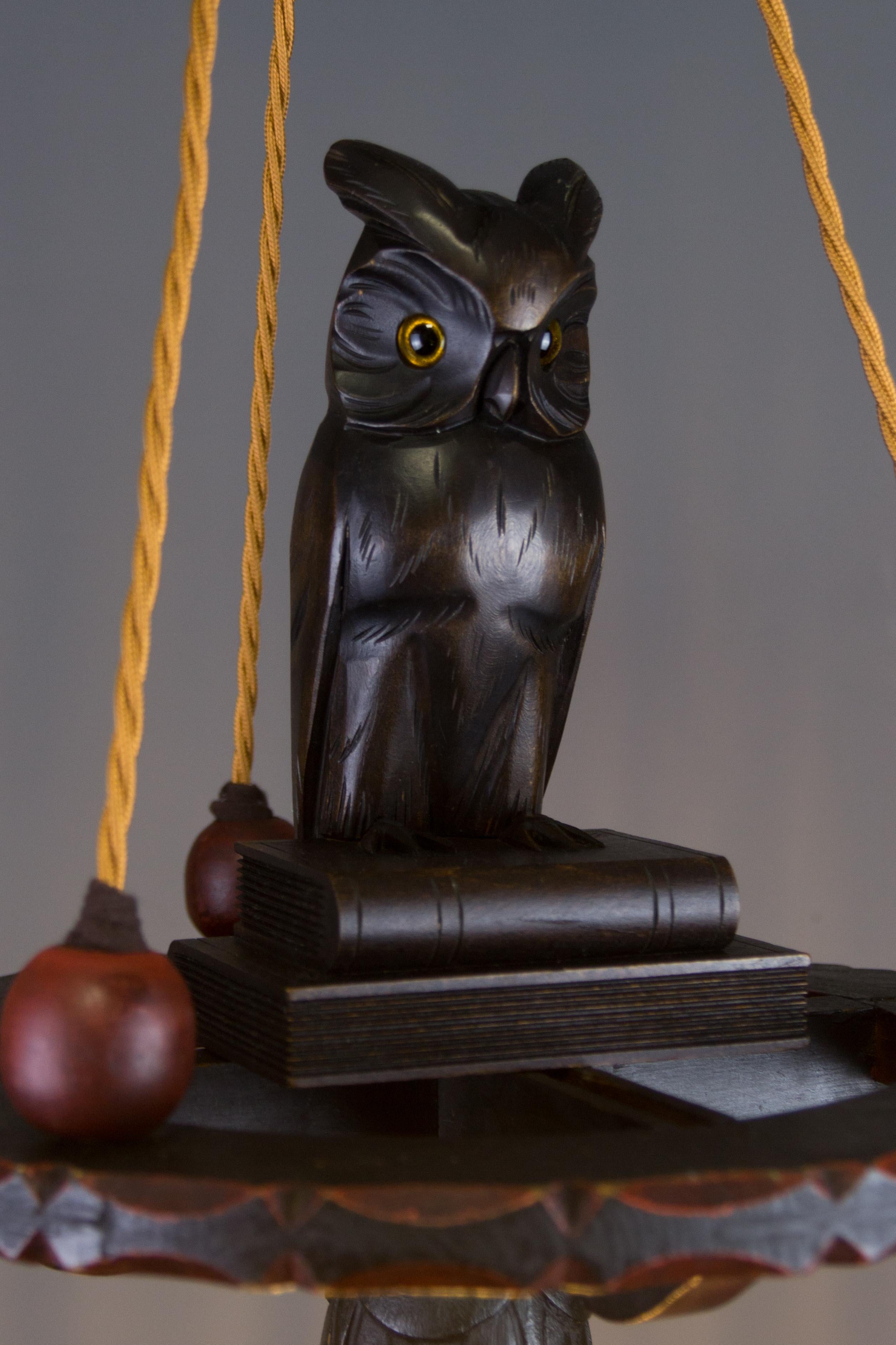 German Hand Carved Wooden Pendant Light Chandelier with Owl Sculpture, 1920s 2