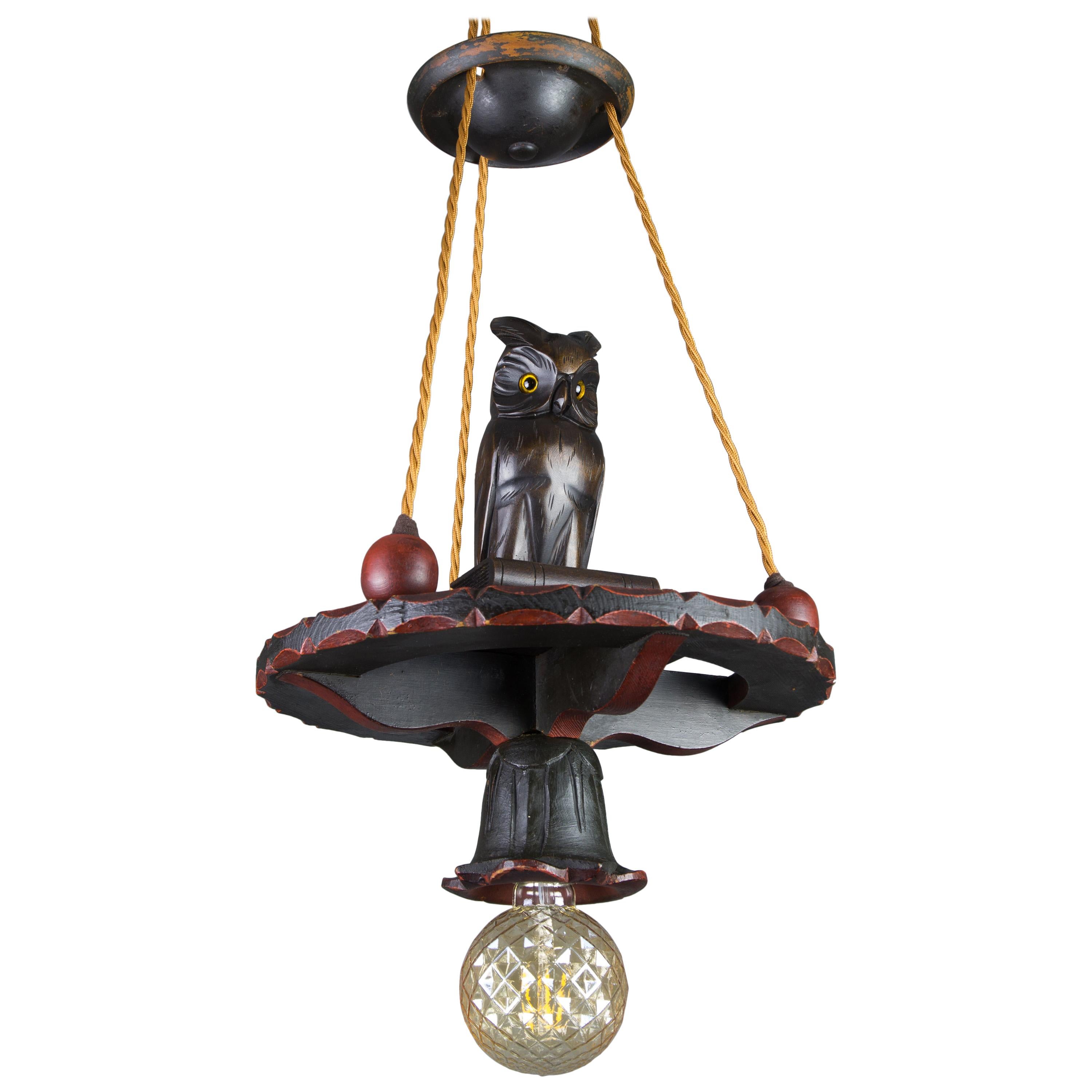 German Hand Carved Wooden Pendant Light Chandelier with Owl Sculpture, 1920s