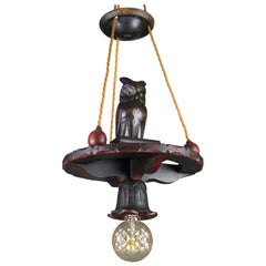 German Hand Carved Wooden Pendant Light Chandelier with Owl Sculpture, 1920s